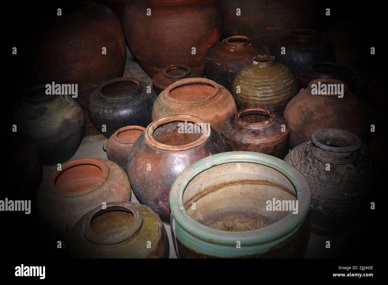 Various type of old thai clay pottery are preserved collectibles. Old