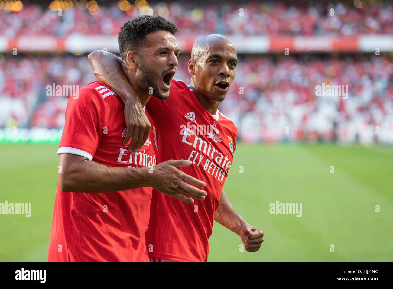 Lisbon, Portugal. July 26, 2022.  Benfica's forward from Portugal Goncalo Ramos (88) celebrating with Benfica's midfielder from Portugal Joao Mario (20) after scoring a goal during the friendly game between SL Benfica vs Newcastle United FC Credit: Alexandre de Sousa/Alamy Live News Stock Photo