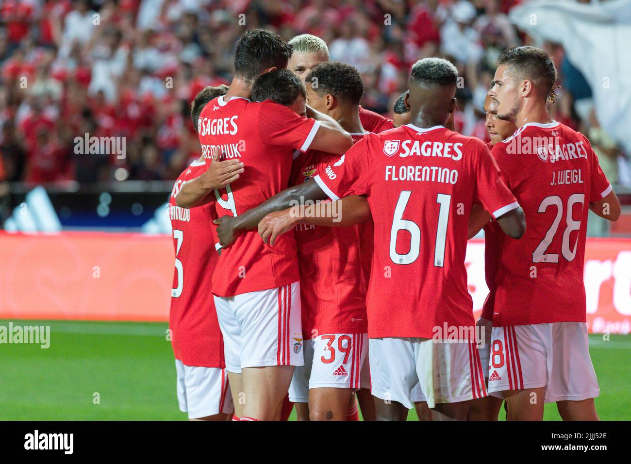 Lisbon, Portugal. July 26, 2022.  Benfica's forward from Portugal Henrique Araujo (39) celebrating with teammates after scoring a goal during the friendly game between SL Benfica vs Newcastle United FC Credit: Alexandre de Sousa/Alamy Live News Stock Photo