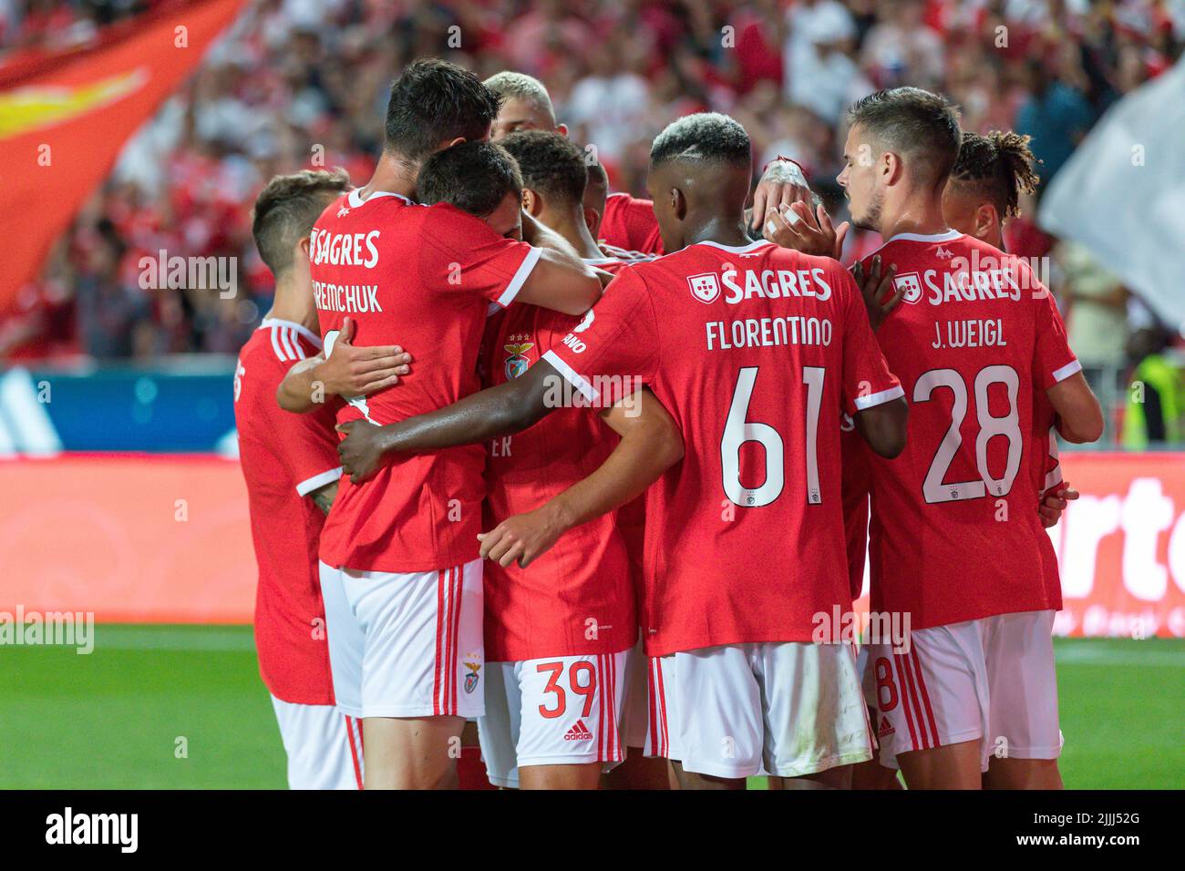 Lisbon, Portugal. July 26, 2022.  Benfica's forward from Portugal Henrique Araujo (39) celebrating with teammates after scoring a goal during the friendly game between SL Benfica vs Newcastle United FC Credit: Alexandre de Sousa/Alamy Live News Stock Photo
