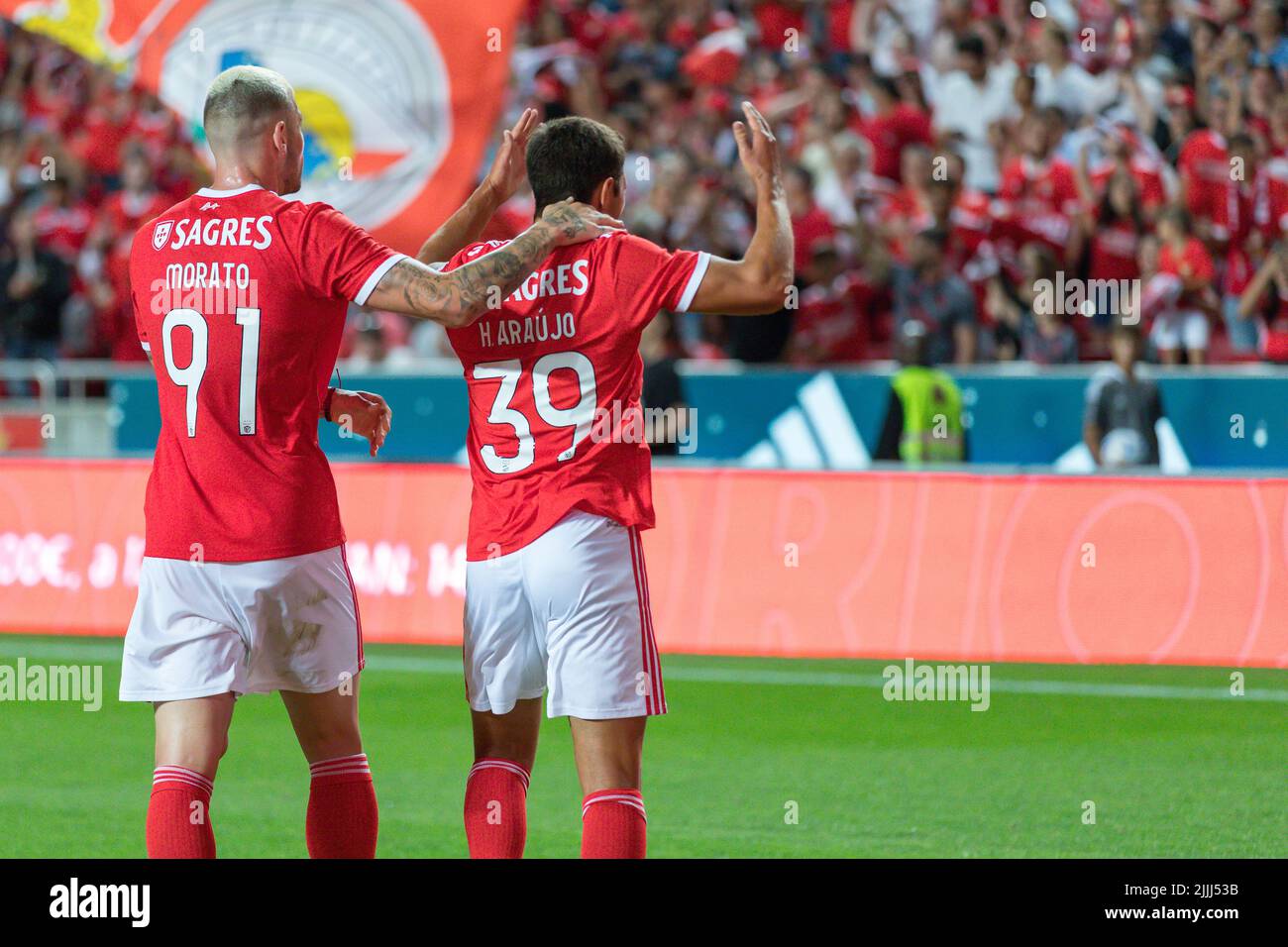 Lisbon, Portugal. July 26, 2022.  Benfica's forward from Portugal Henrique Araujo (39) celebrating with Benfica's defender from Brazil Morato (91) after scoring a goal during the friendly game between SL Benfica vs Newcastle United FC Credit: Alexandre de Sousa/Alamy Live News Stock Photo