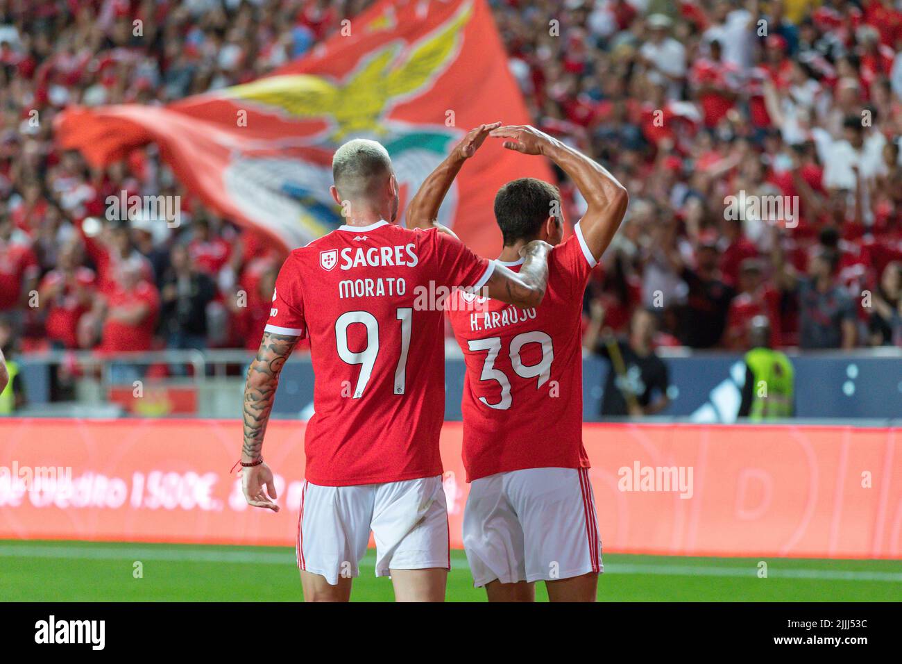 Lisbon, Portugal. July 26, 2022.  Benfica's forward from Portugal Henrique Araujo (39) celebrating with Benfica's defender from Brazil Morato (91) after scoring a goal during the friendly game between SL Benfica vs Newcastle United FC Credit: Alexandre de Sousa/Alamy Live News Stock Photo