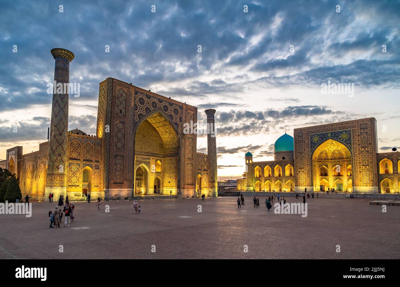 Panoramic view of Registan square, Samarkand, Uzbekistan with three madrasahs: Ulugh Beg, Tilya Kori and Sher-Dor Madrasah. Stock Photo