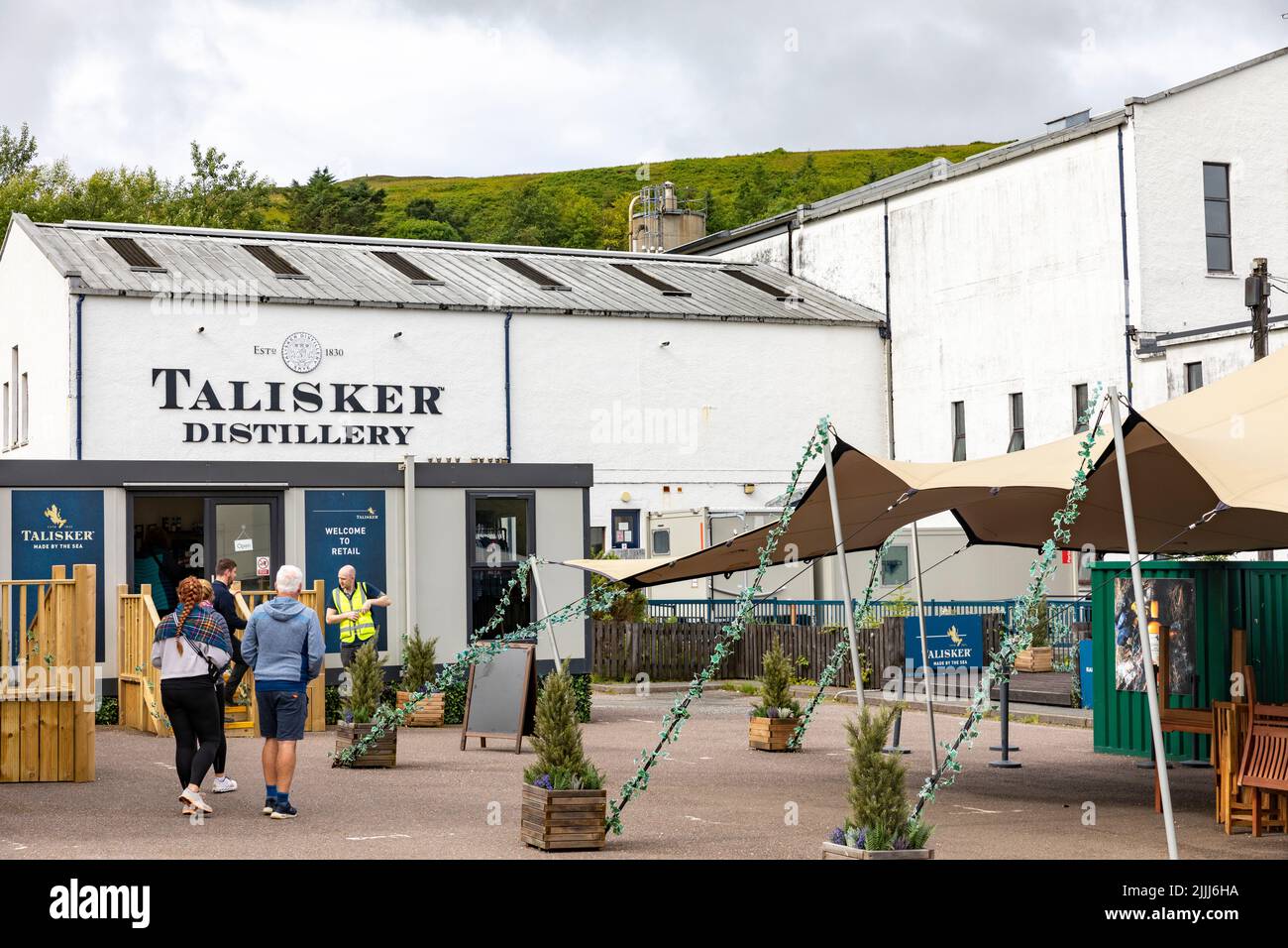 Talisker Distillery in Carbost on the Isle of Skye produces single male scotch whisky and is owned by Diageo,Scotland,UK Stock Photo