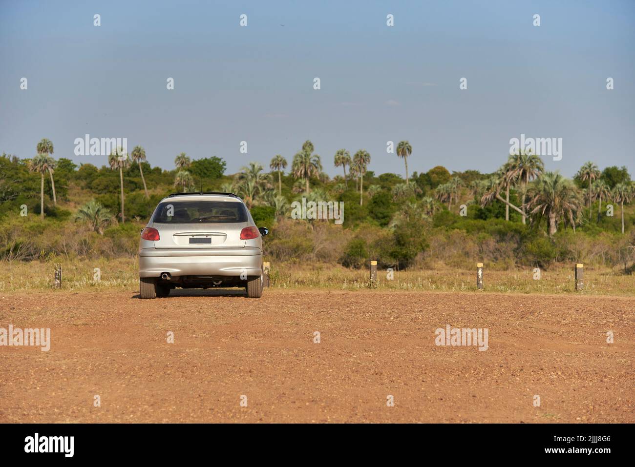 Car parked in El Palmar National Park, Entre Rios, Argentina. Concepts: ecotourism, enjoyment of traveling through nature. Stock Photo