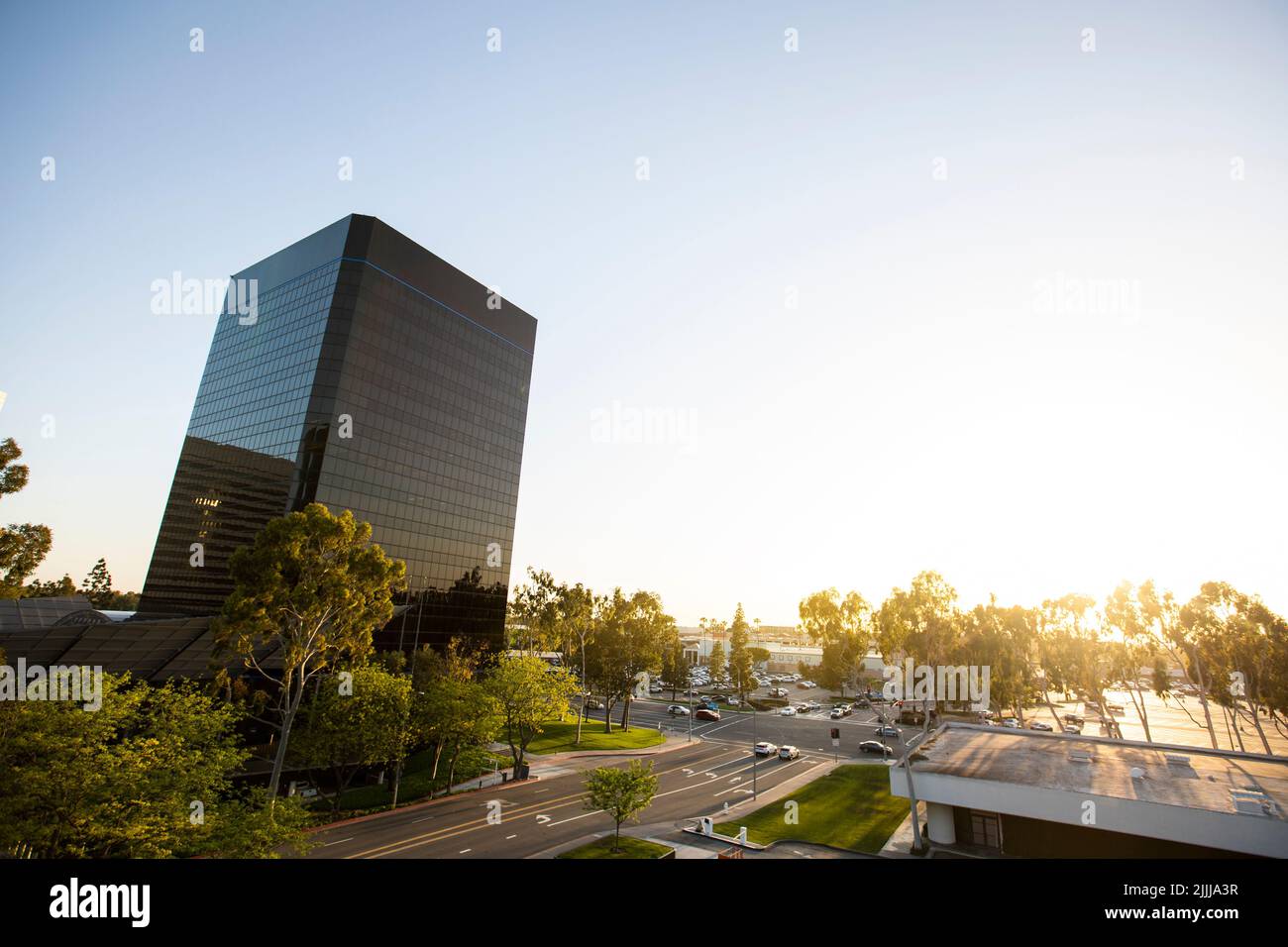 Sunset view of the downtown city skyline of Orange County's Costa Mesa, California, USA. Stock Photo