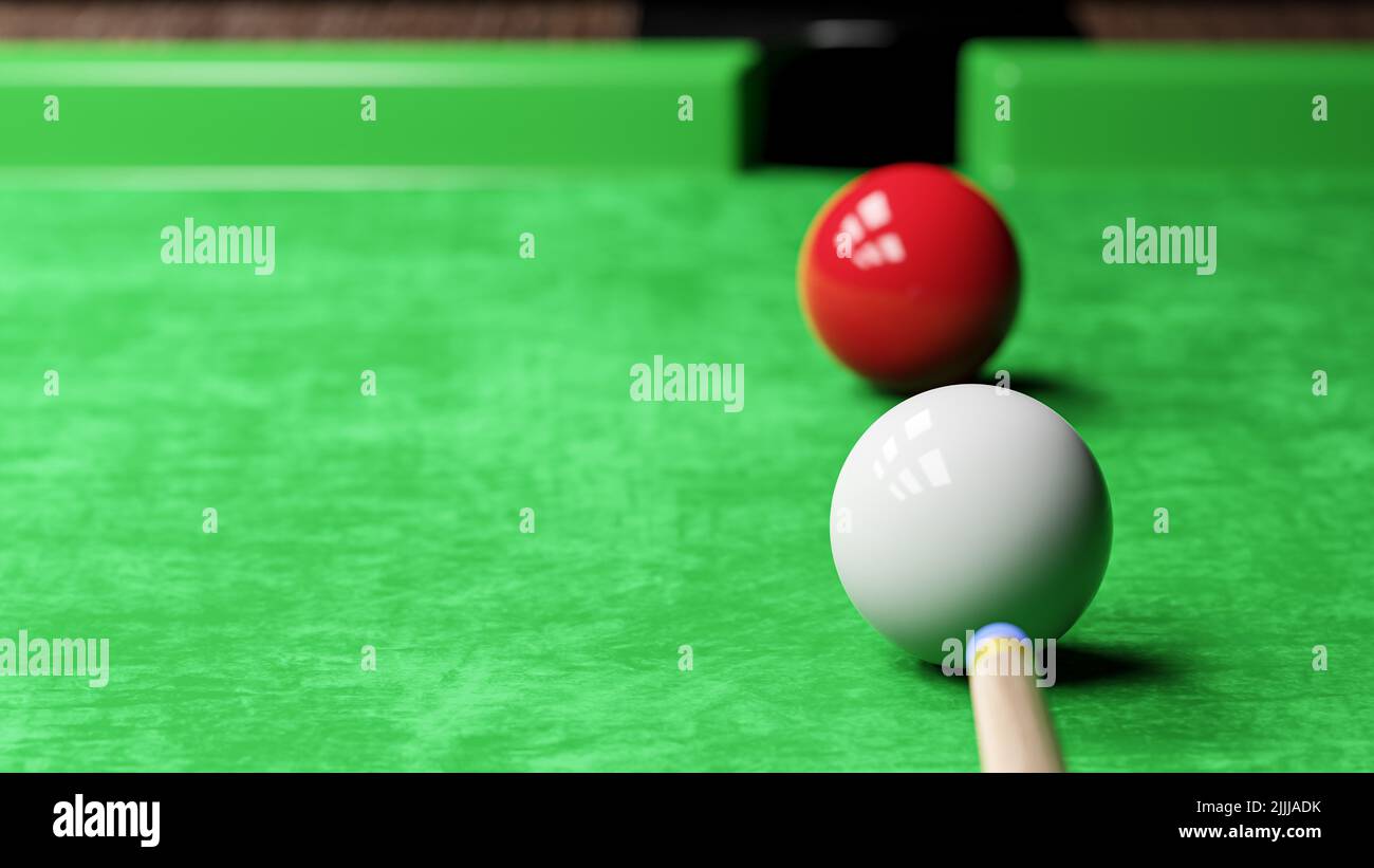 Snooker pool table and billiards ball with dimness light . Sportsman aim at white ball . Copy space at left side . 3D rendering . Stock Photo