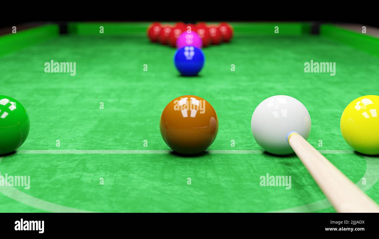 Snooker pool table and billiards ball with dimness light . 3D rendering . Stock Photo