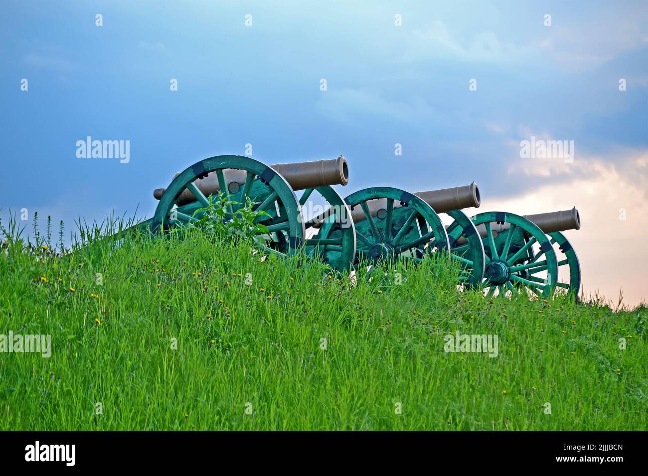 vintage gun line on green grass on blue sky, retro military weapon