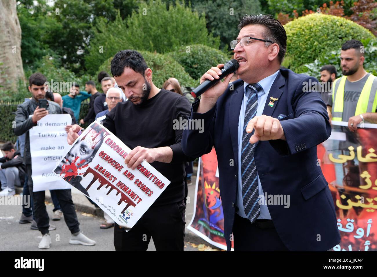 London, UK, 26th July, 2022. Members of the Kurdish community protest opposite the Turkish Embassy following artillery fire which killed nine civilians, including a baby, in a tourist area near the city of Zakho. Turkey denies involvement, blaming the Kurdistan Workers' Party (PKK) for the incident, though it is believe the group do no have any artillery based there. Credit: Eleventh Hour Photography/Alamy Live News Stock Photo