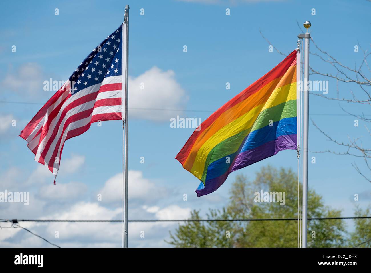 LGBT pride and American flags, Wallowa Valley,  Oregon. Stock Photo