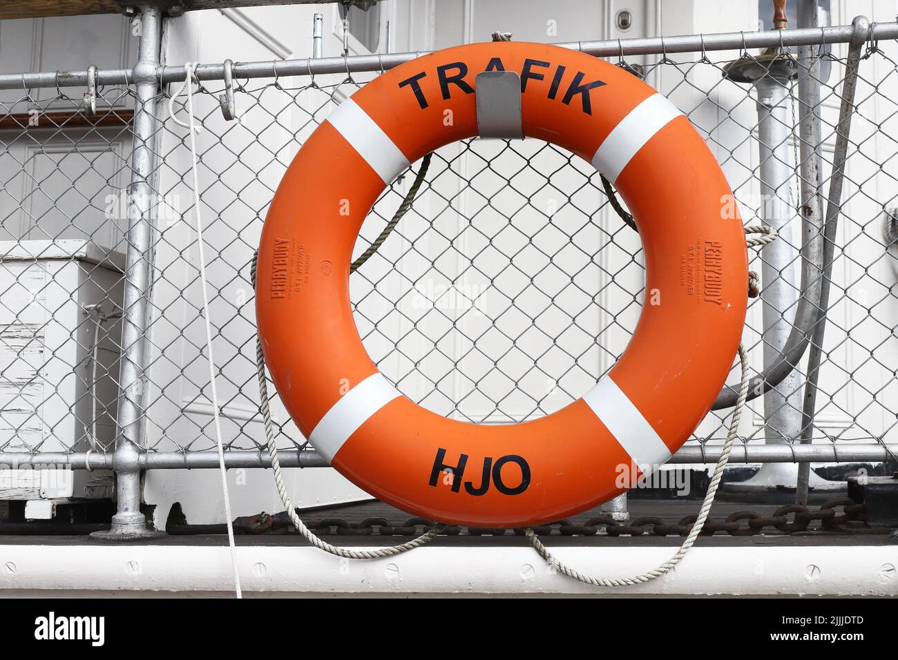 Hjo, Sweden - July 4, 2022: Lifebuoy attached to the steam ship Trafik. Stock Photo