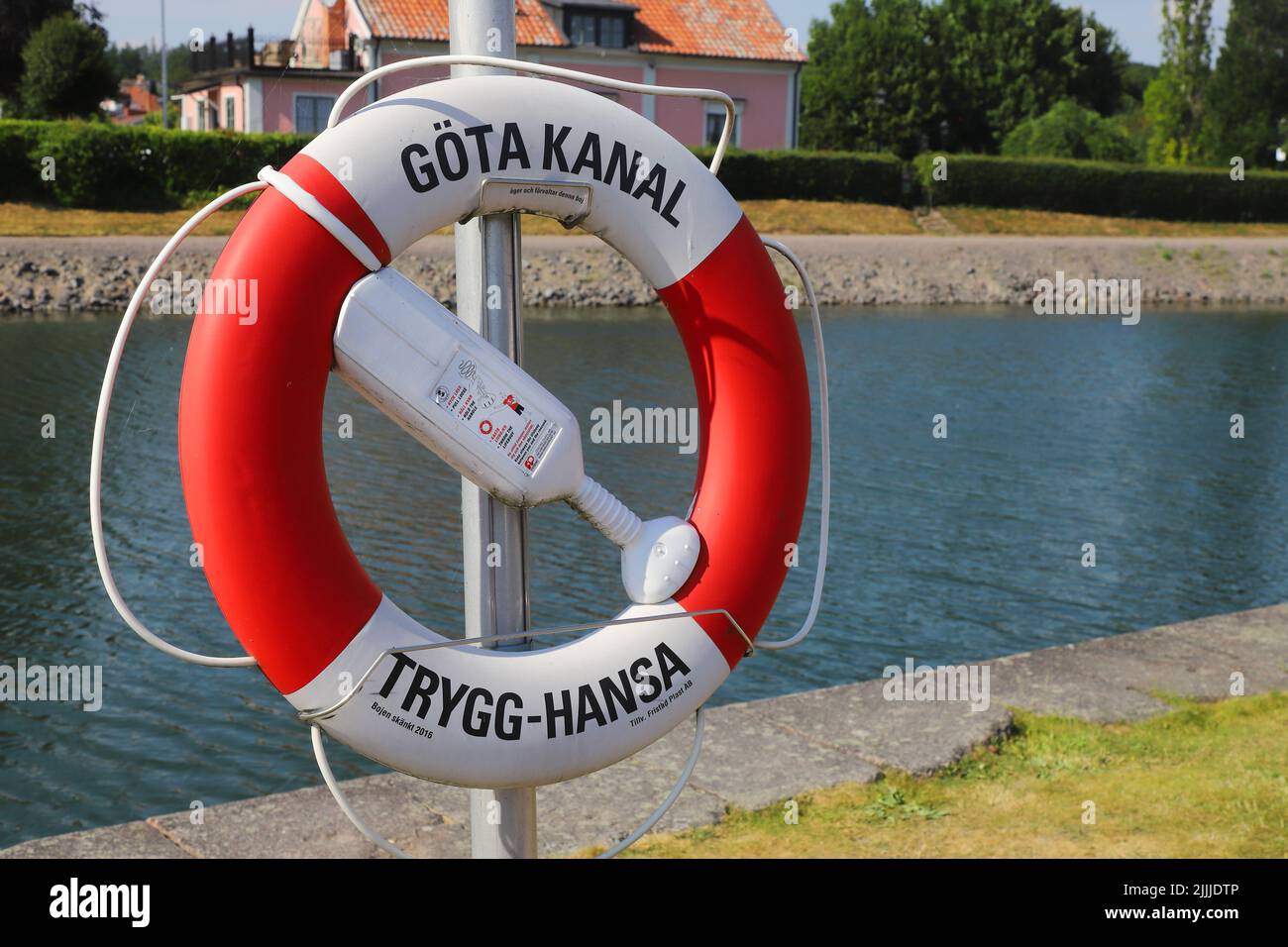 Borensberg, Sweden - June 27, 2022: Lifebuoy gifted by the insurance company Trygg-Hansa at the Gota canal lock. Stock Photo