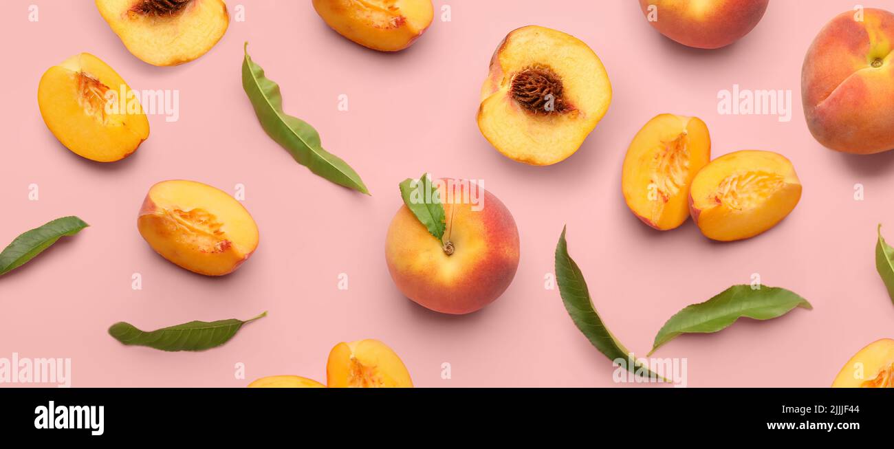 Many ripe peaches on pink background. Pattern for design Stock Photo ...