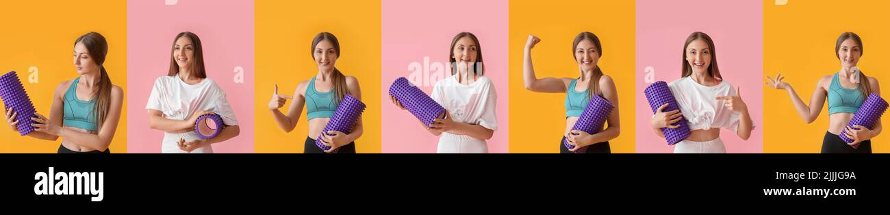 Set of young woman with foam roller on colorful background Stock Photo ...