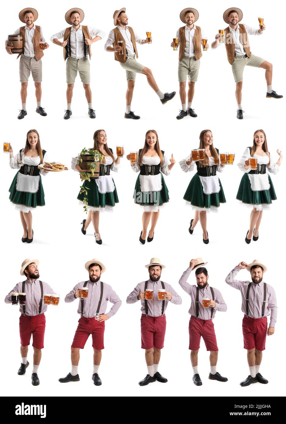 Set of people in traditional German clothes, with beer and snacks on