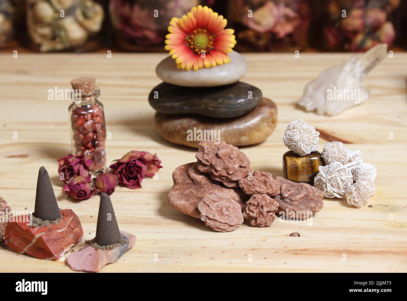 Incense Cones and Desert Rose Rocks on Meditation Altar Stock Photo - Alamy
