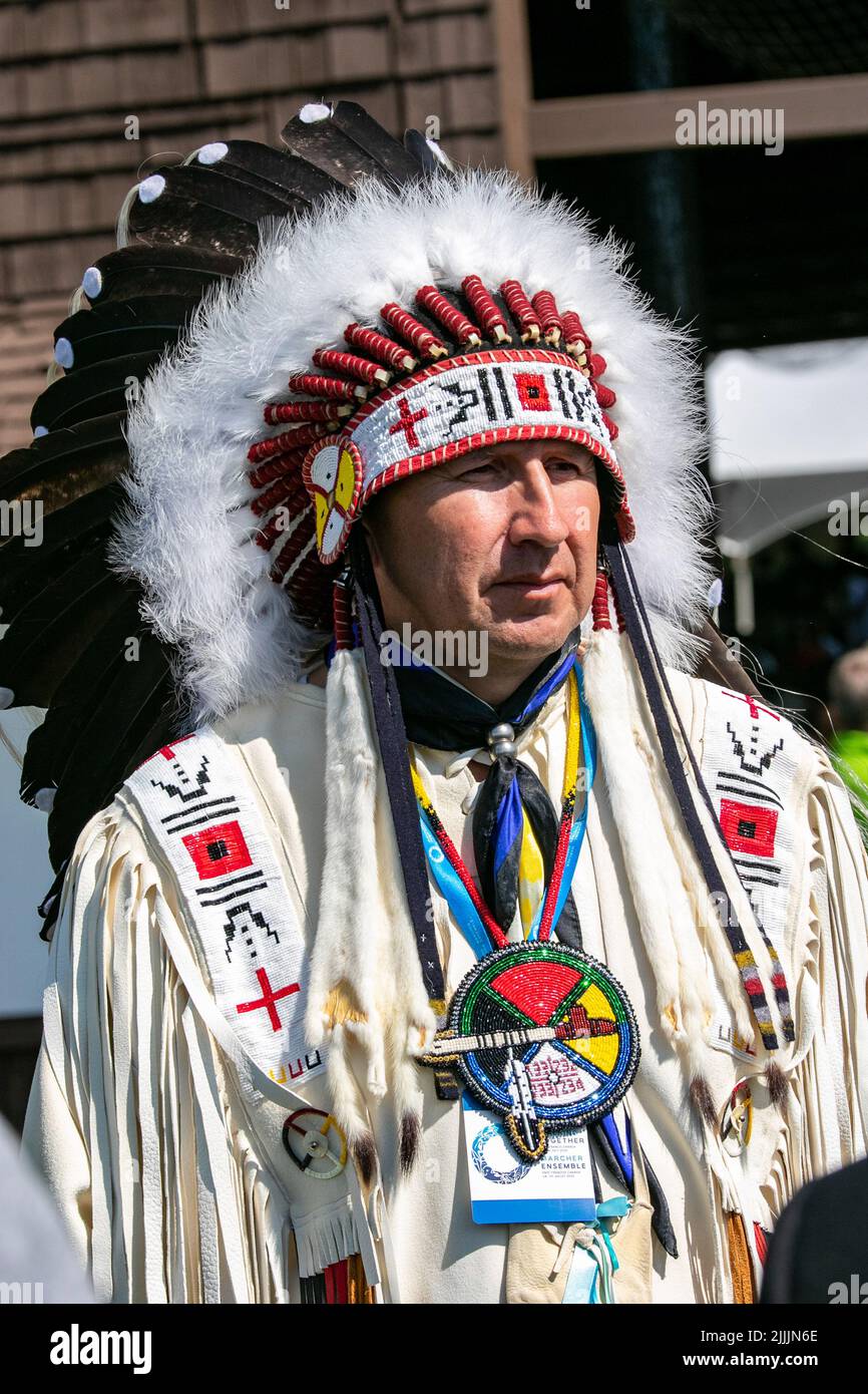 Alexis Cree Nation, Canada. 26th July, 2022. Chief Tony Alexis, greets