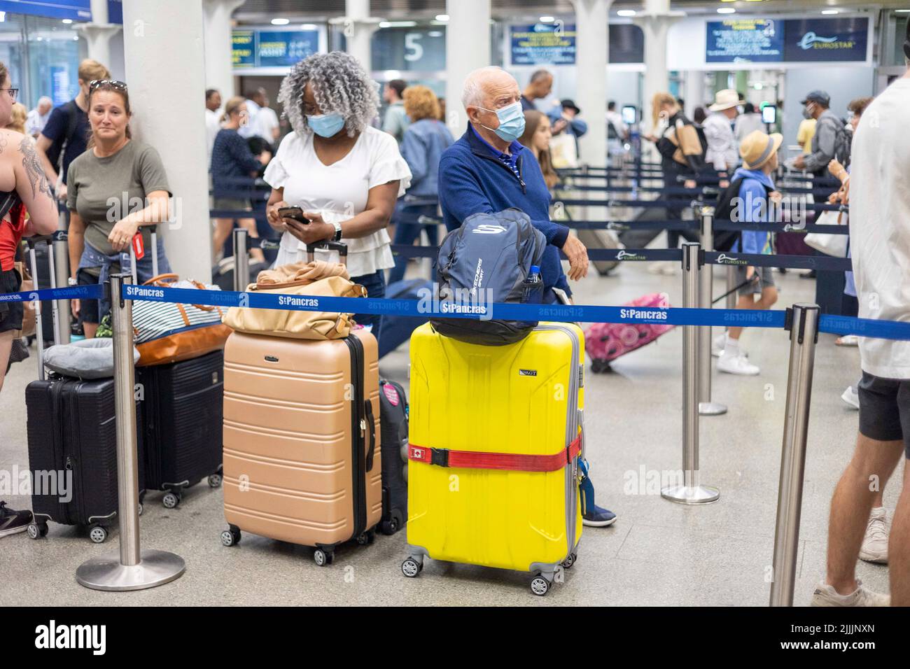 pic shows:  St Pancras Eurostar International Departures today. 25.7.22 Long queues were forming to check in for the trains to France and elsewhere. Stock Photo