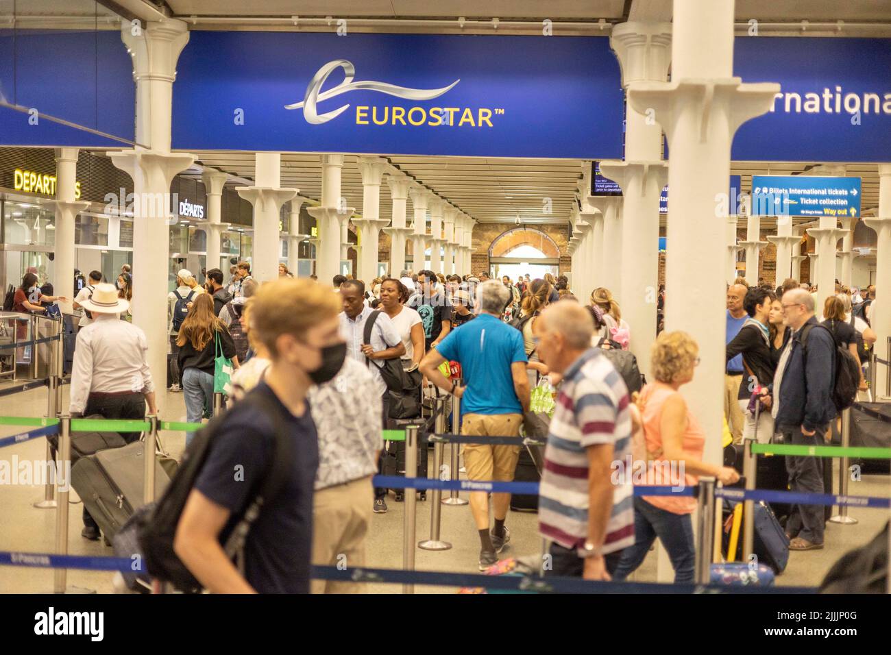 pic shows:  St Pancras Eurostar International Departures today. 25.7.22 Long queues were forming to check in for the trains to France and elsewhere. Stock Photo