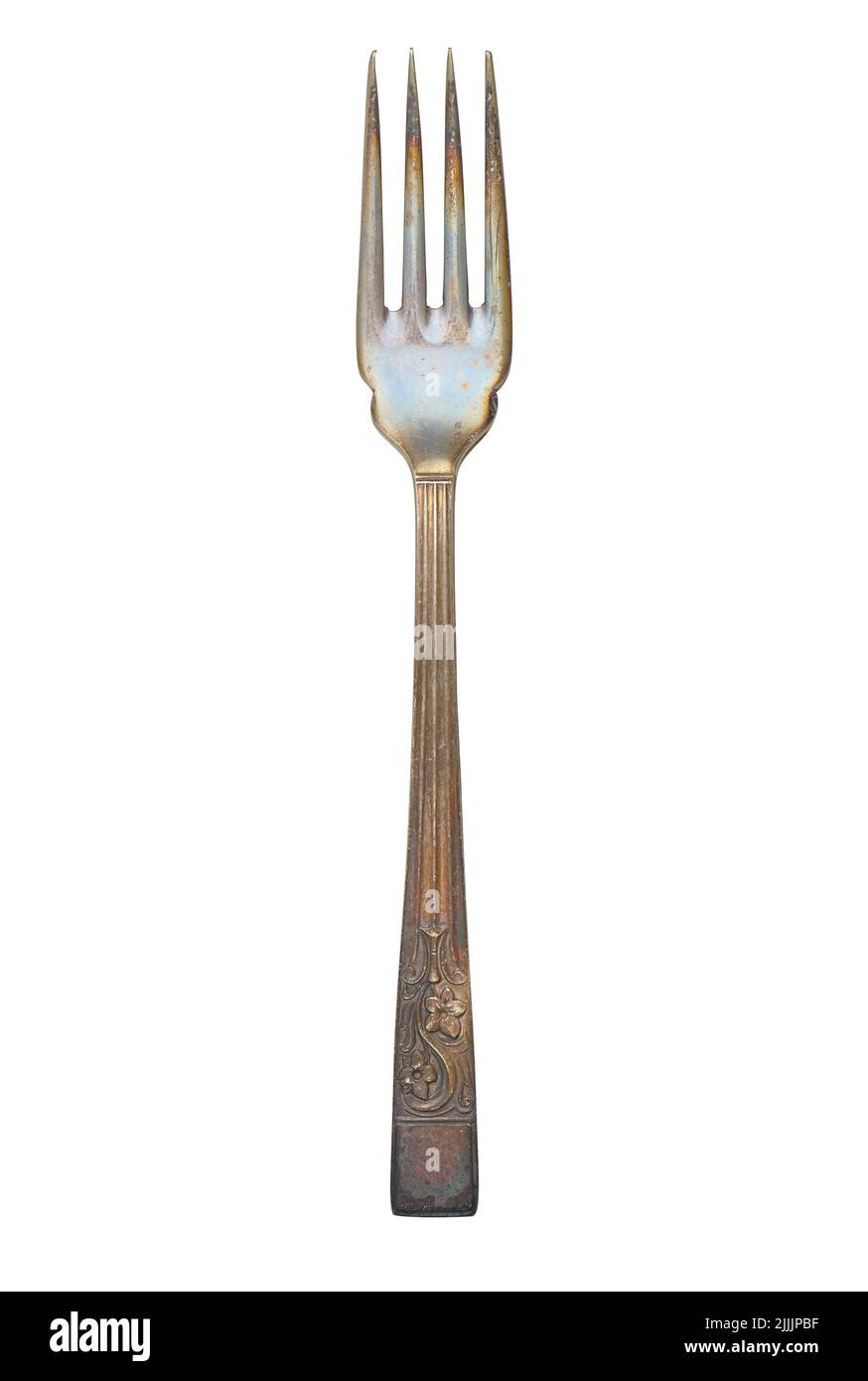 Old oxidized metal fork, cut out, photo stacking Stock Photo