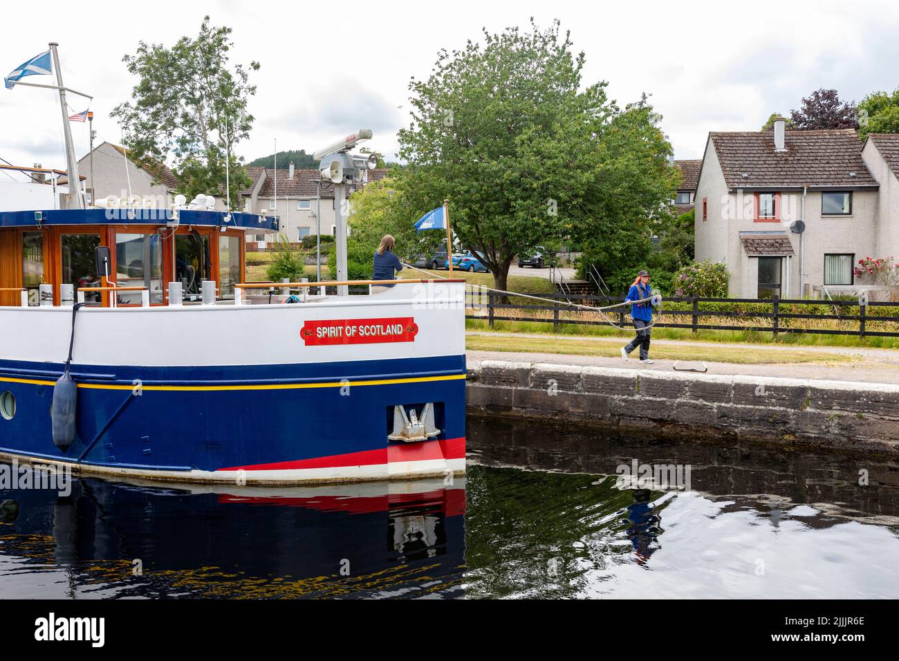 Spirit of Scotland boat vessel moves through the locks on the Caledonian Canal at Inverness in Scotland during summer 2022.Scotland,UK Stock Photo