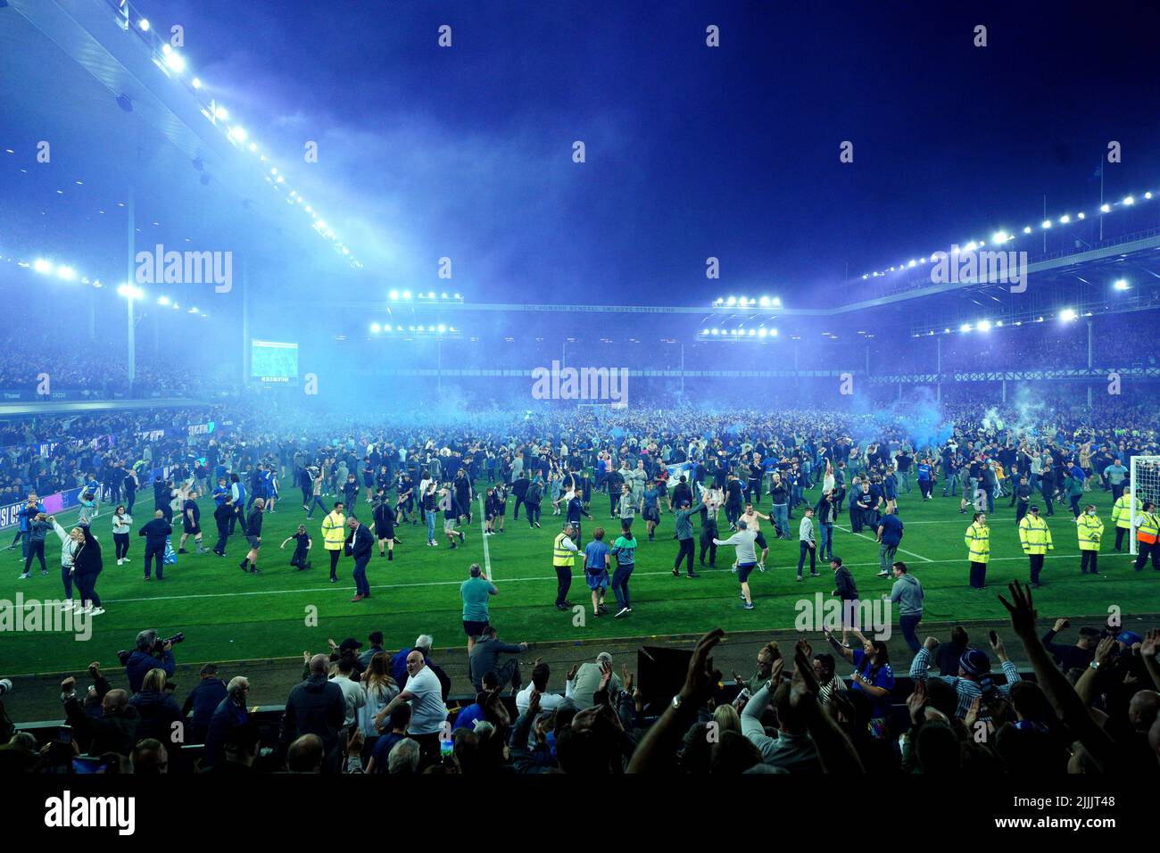 File photo dated 19-05-2022 of Everton fans celebrate on the pitch ...