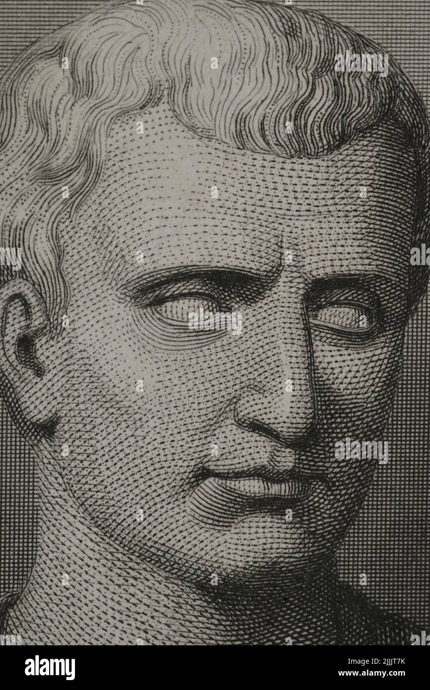 Marcus Tullius Cicero (106 BC-43 BC). Roman statesman, philosopher, writer and orator. Engraving by Geoffroy. Detail. 'Historia Universal', by César Cantú. Volume VIII. 1858. Stock Photo