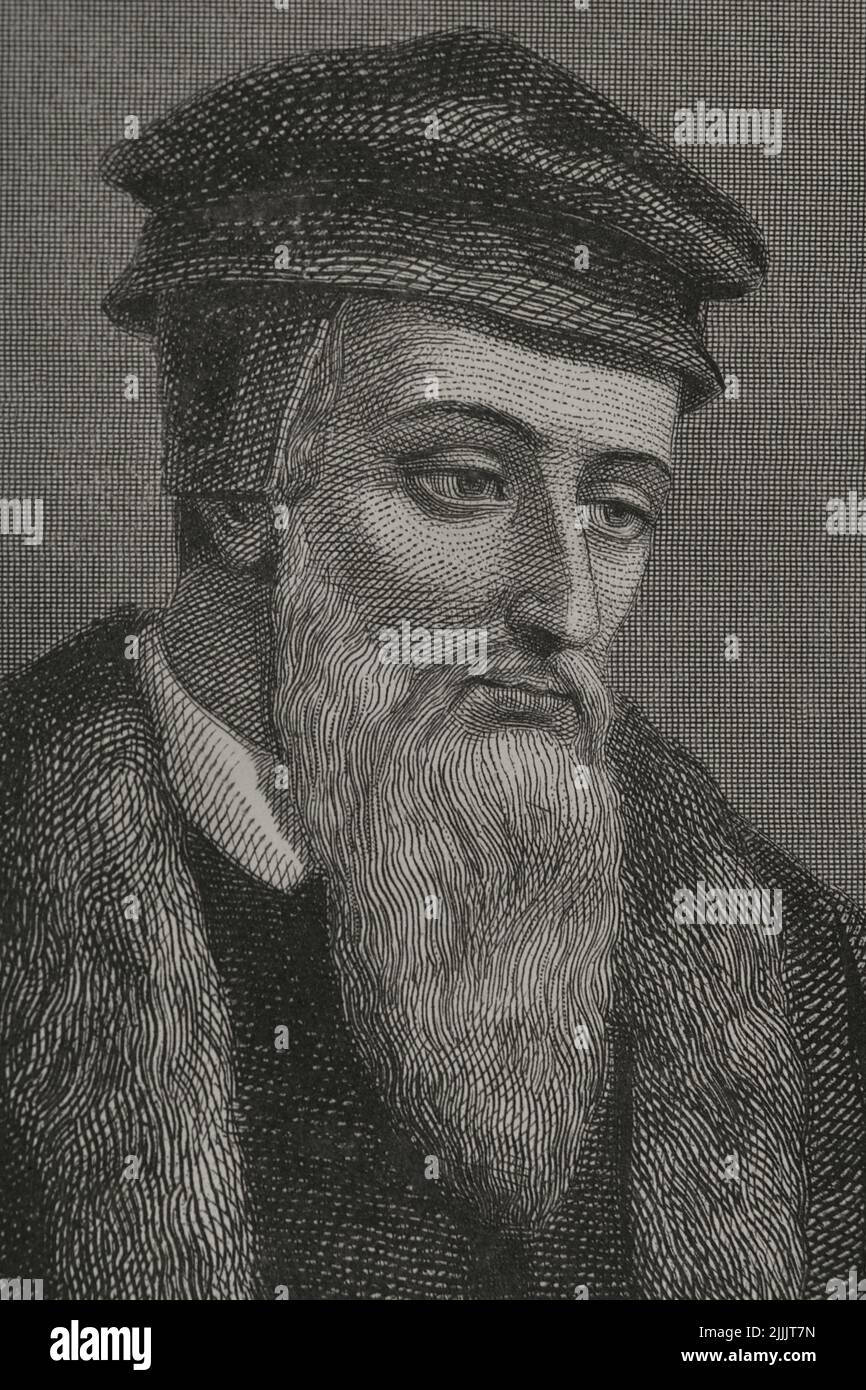 John Calvin (1509-1564). French theologian and reformer. Protestant reformer. Portrait. Detail. Engraving. 'Historia Universal', by César Cantú. Volume VIII. 1858. Stock Photo