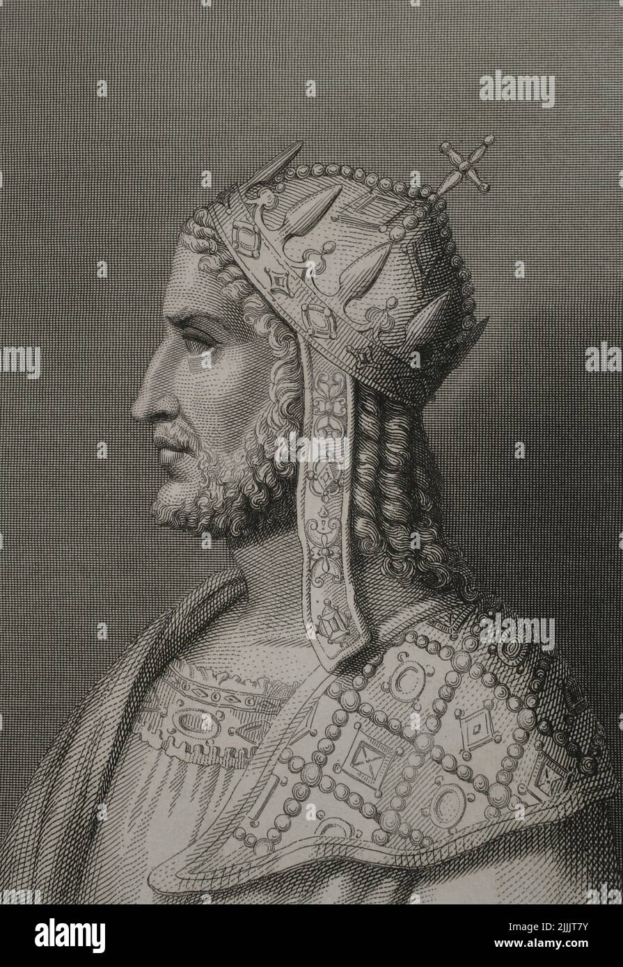 Justinian I the Great (482-565). Emperor of the Eastern Roman Empire. Portrait. Engraving. 'Historia Universal', by César Cantú. Volume VIII. 1858. Stock Photo