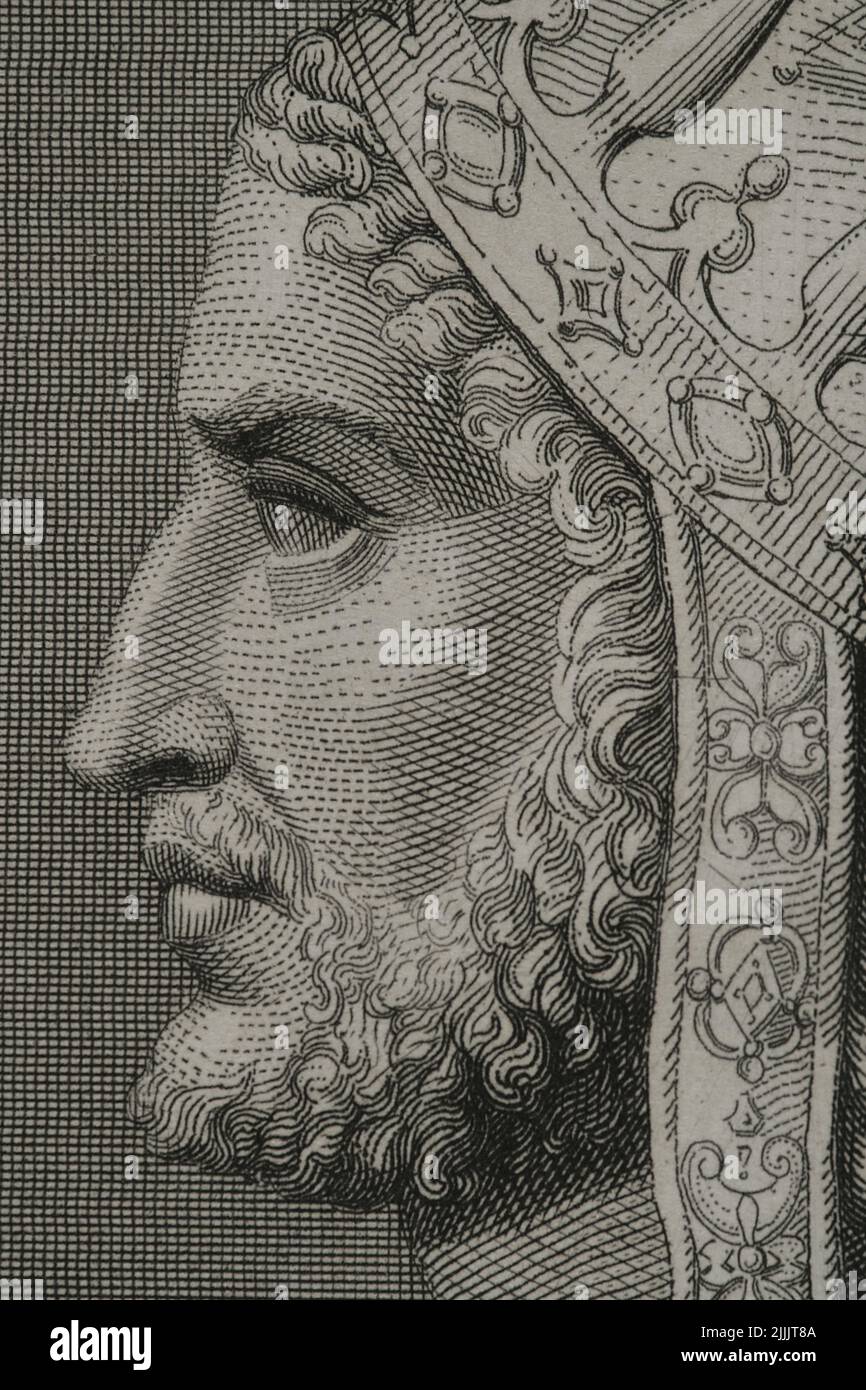 Justinian I the Great (482-565). Emperor of the Eastern Roman Empire. Portrait. Engraving. Detail. 'Historia Universal', by César Cantú. Volume VIII. 1858. Stock Photo