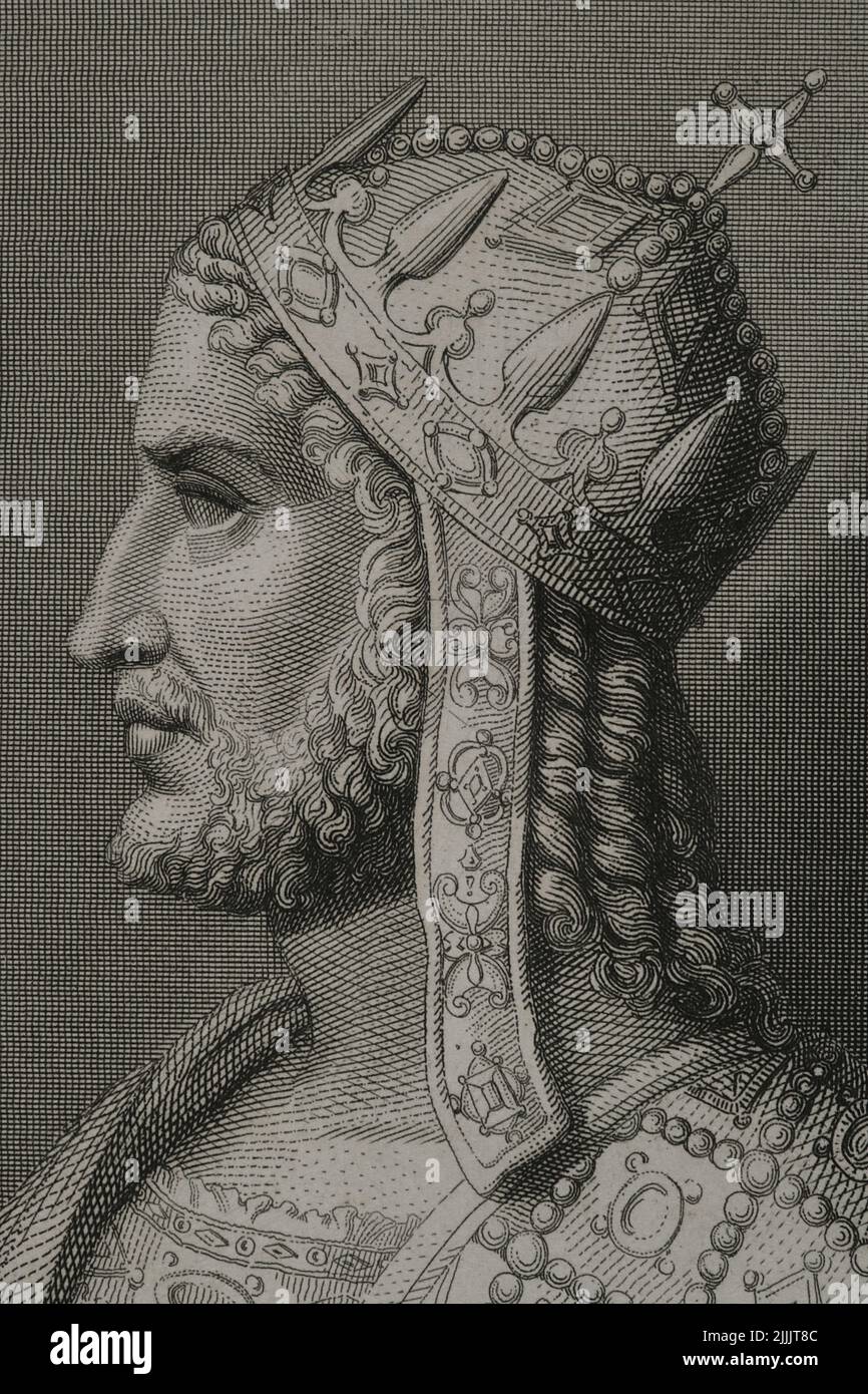 Justinian I the Great (482-565). Emperor of the Eastern Roman Empire. Portrait. Engraving. Detail. 'Historia Universal', by César Cantú. Volume VIII. 1858. Stock Photo