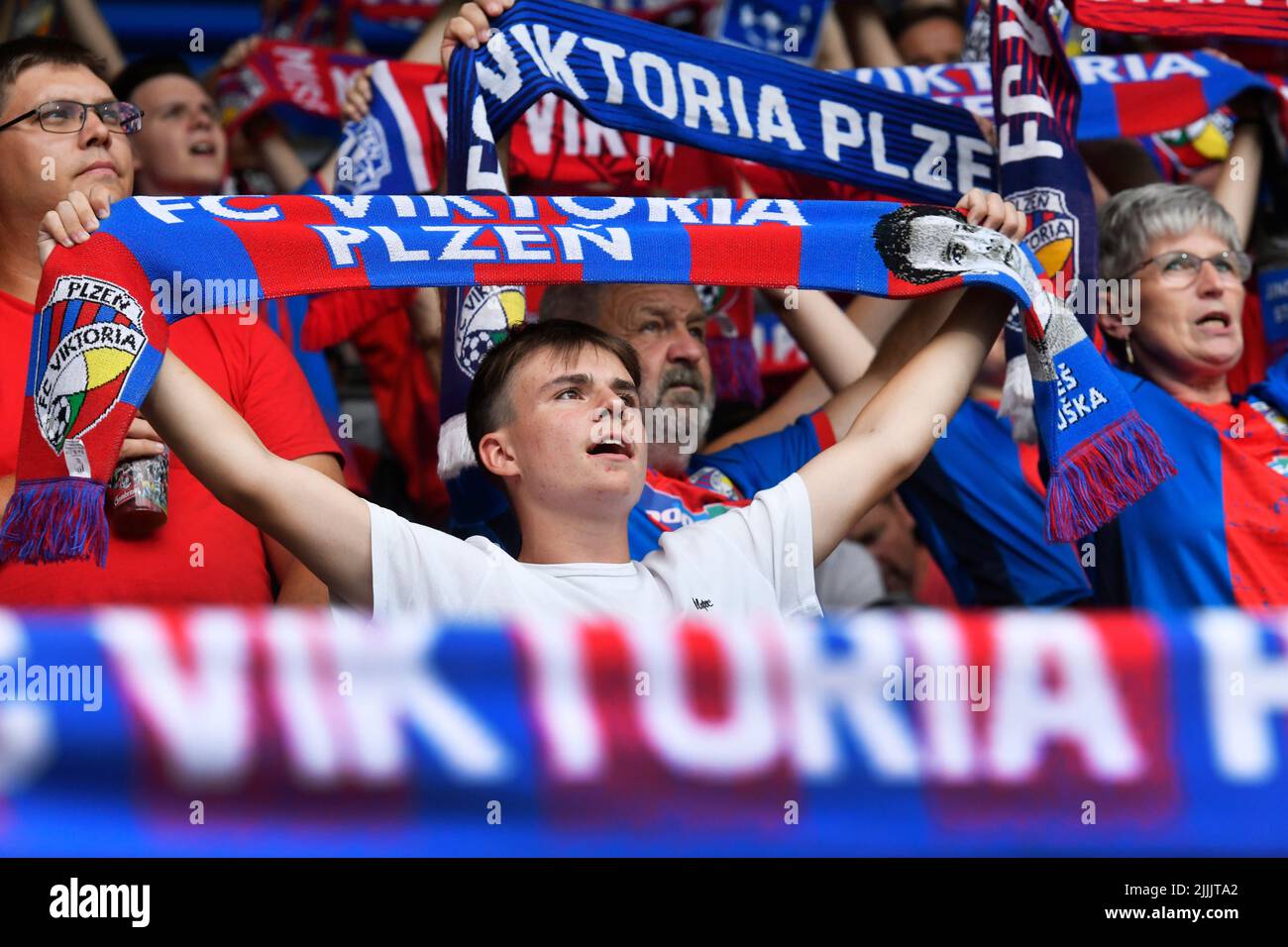 Pilsen, Czech Republic. 26th July, 2022. Viktoria Plzen fans during the Champions League 2nd qualifying round return match Viktoria Plzen vs HJK Helsinki in Pilsen, Czech Republic, July 26, 2022. Credit: Miroslav Chaloupka/CTK Photo/Alamy Live News Stock Photo