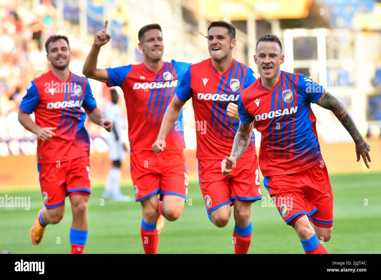 Pilsen, Czech Republic. 26th July, 2022. Jan Sykora of Plzen, right, celebrates a goal during the Champions League 2nd qualifying round return match Viktoria Plzen vs HJK Helsinki in Pilsen, Czech Republic, July 26, 2022. Credit: Miroslav Chaloupka/CTK Photo/Alamy Live News Stock Photo