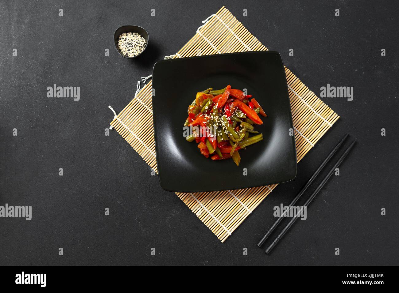 roasted vegetables in teriyaki sauce. Asian vegetables in sweet and