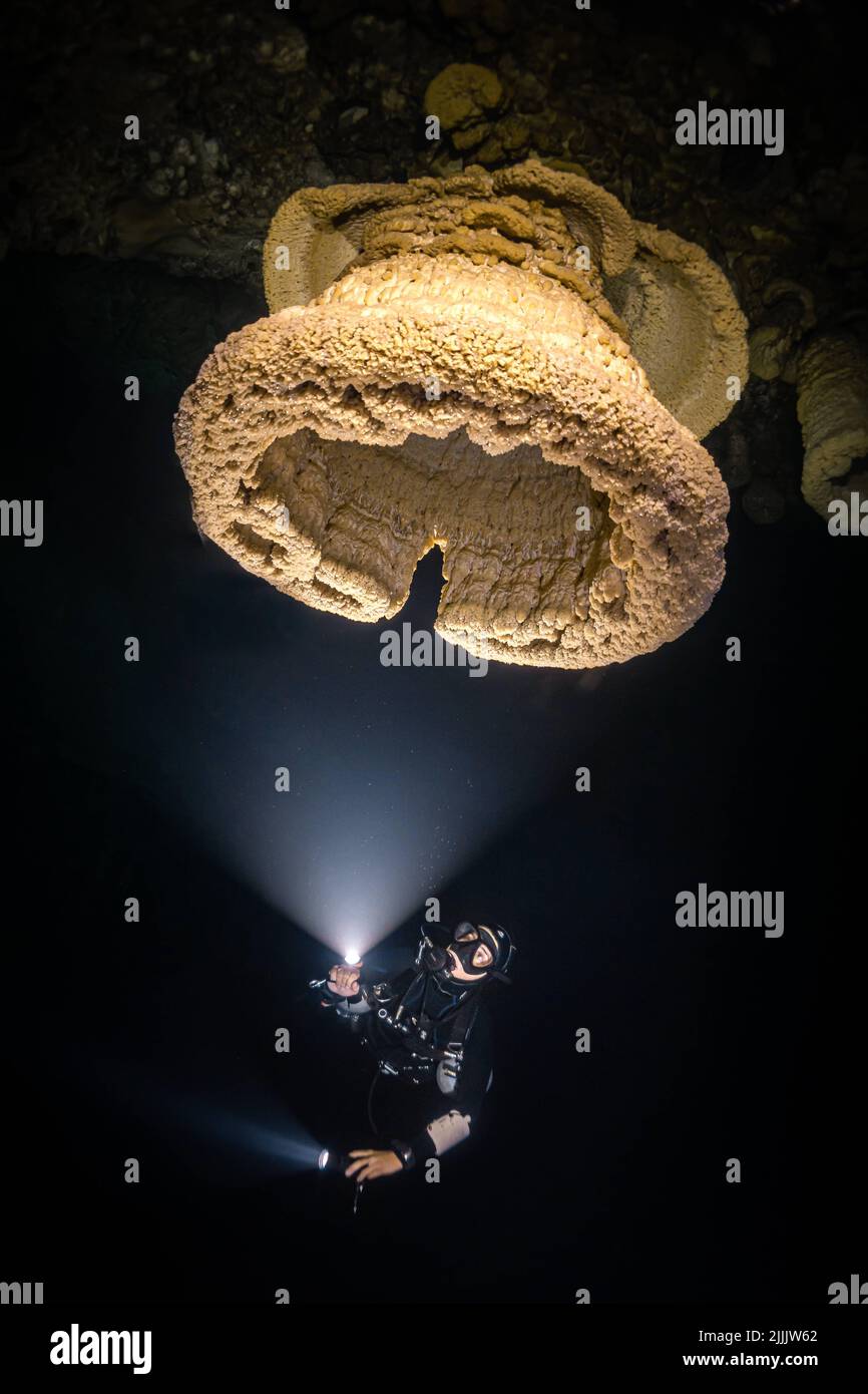 Known as hell's bells, these weird formations are natural. Mexico: THESE HAUNTING images show divers exploring over 200 feet underwater in a mysteriou Stock Photo