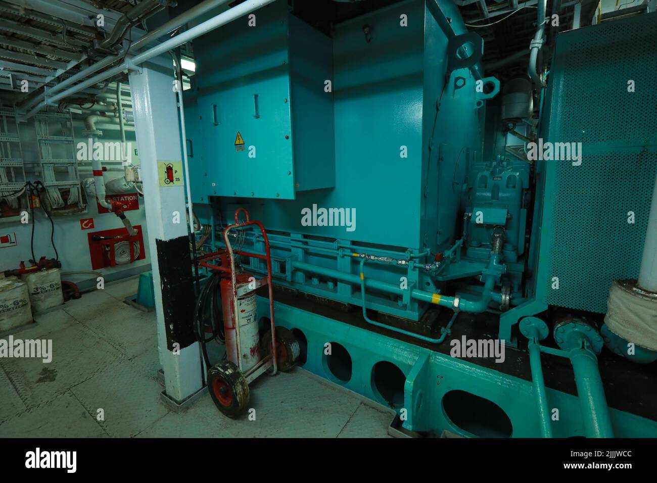 Cruise ship engine room interior with water tight doors electrical and