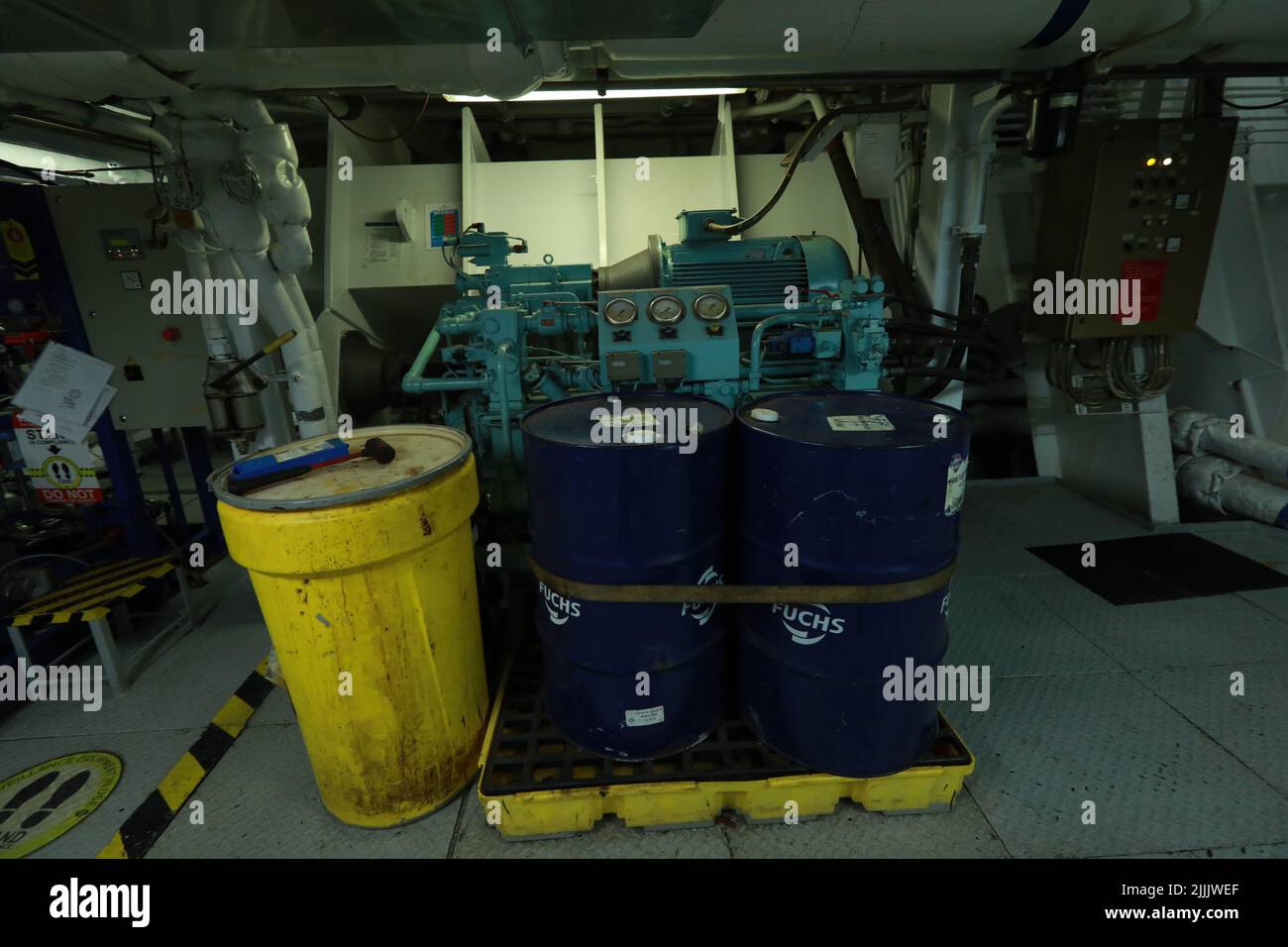 Cruise ship engine room interior with water tight doors electrical and
