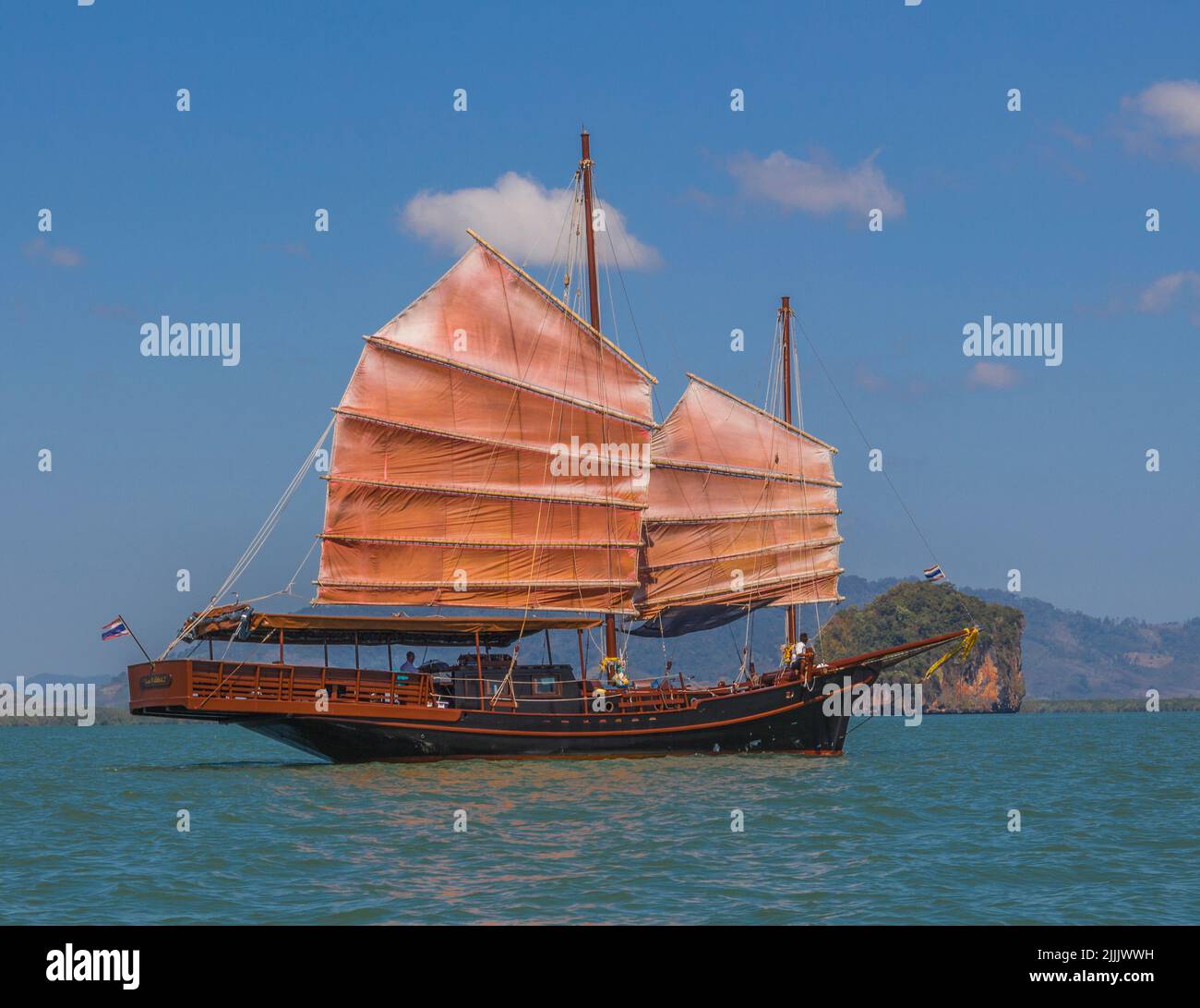 Chinese style junk in the Andaman Sea and in the area of Phang Nga Bay off the coast of Phuket. Stock Photo