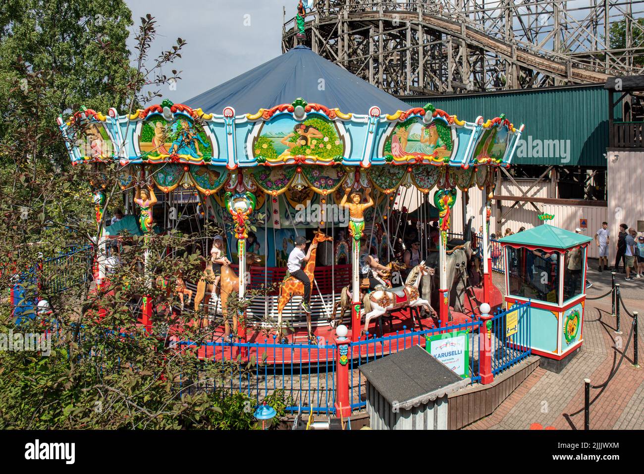 High-angle view of Karuselli, old carousel ride in Linnanmäki amusement park in Helsinki, Finland Stock Photo