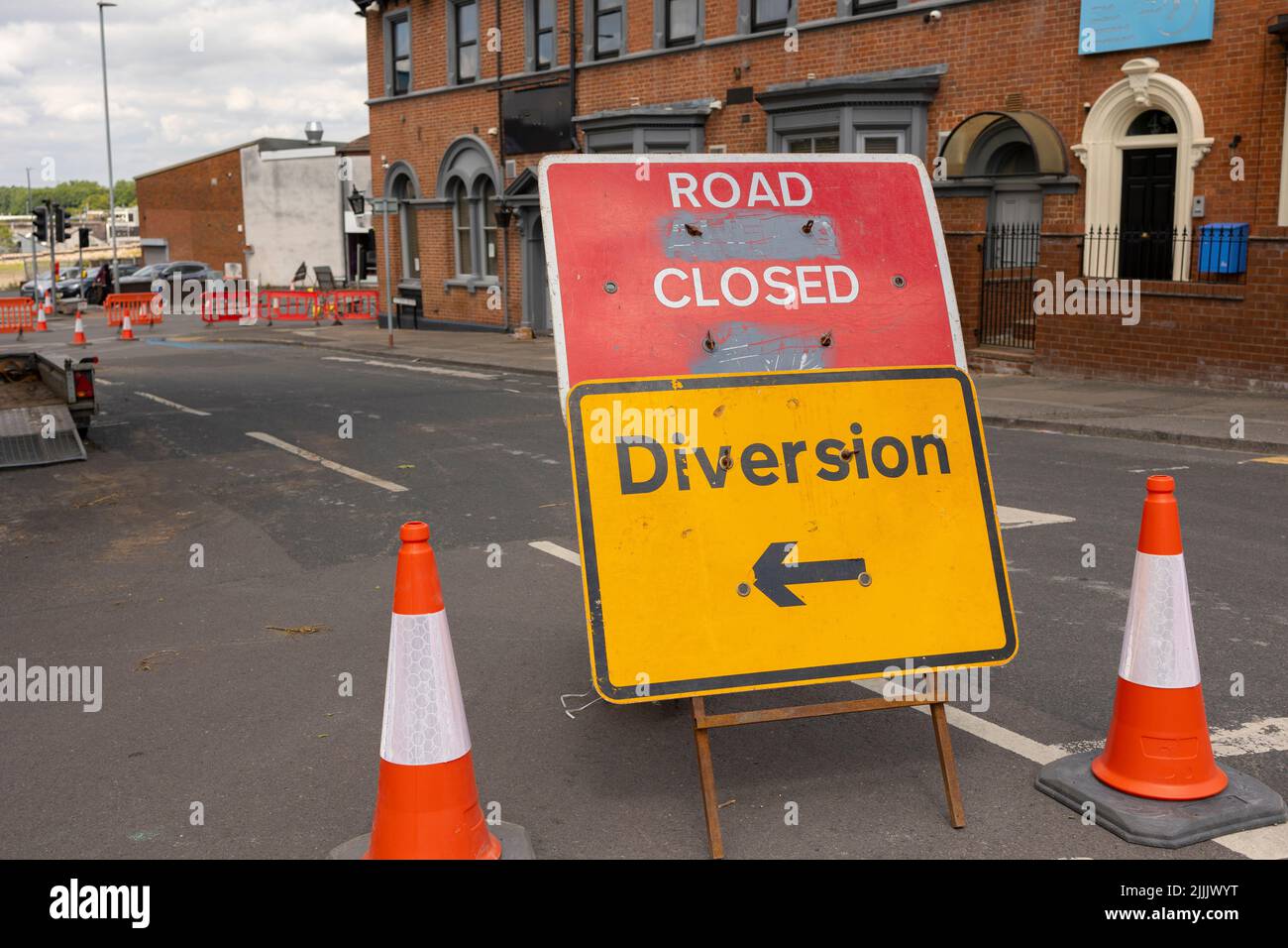 Road ahead closed and diversion signs Stock Photo