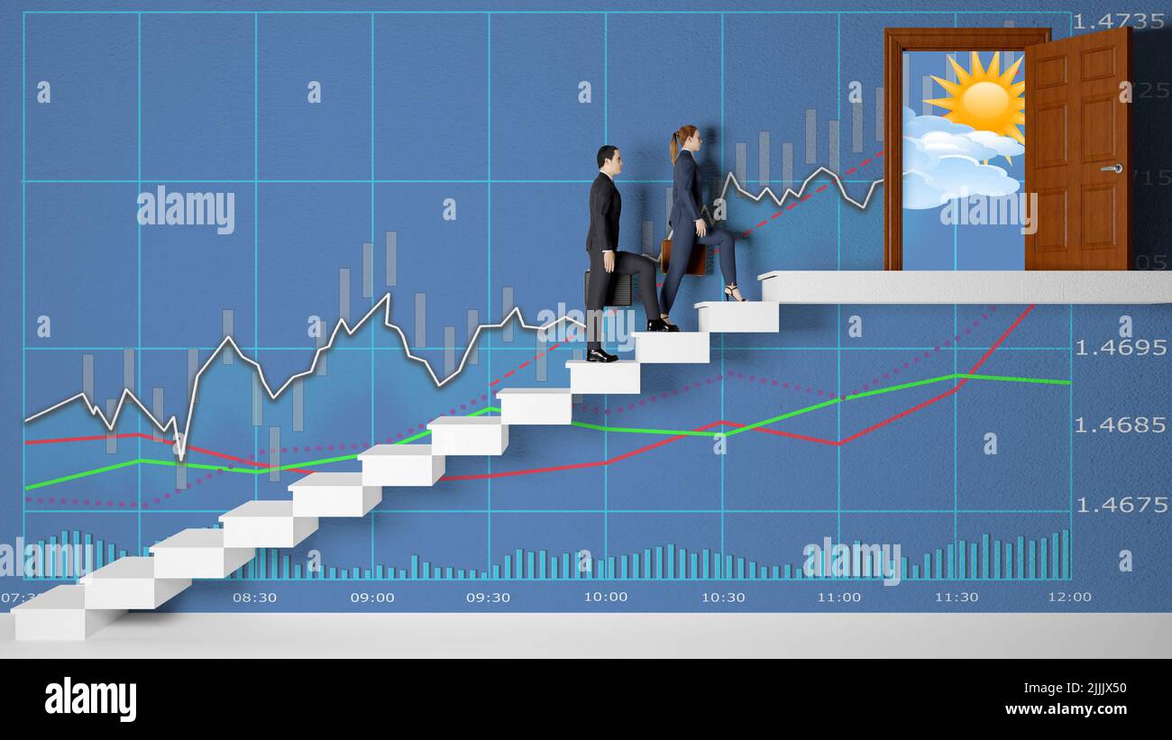 3d illustration. Business man and woman climb the ladder of success in ...