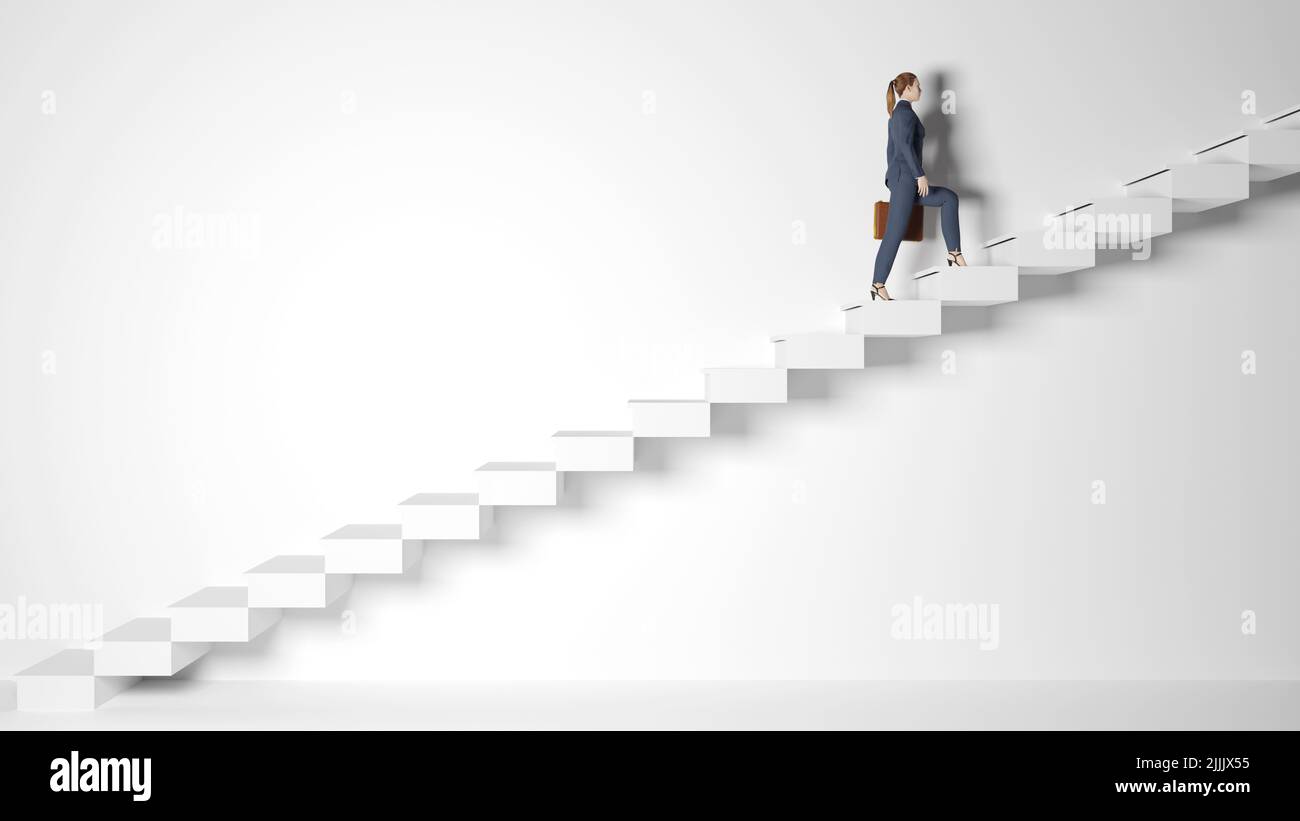 3d illustration. Business man and woman climb the ladder of success in