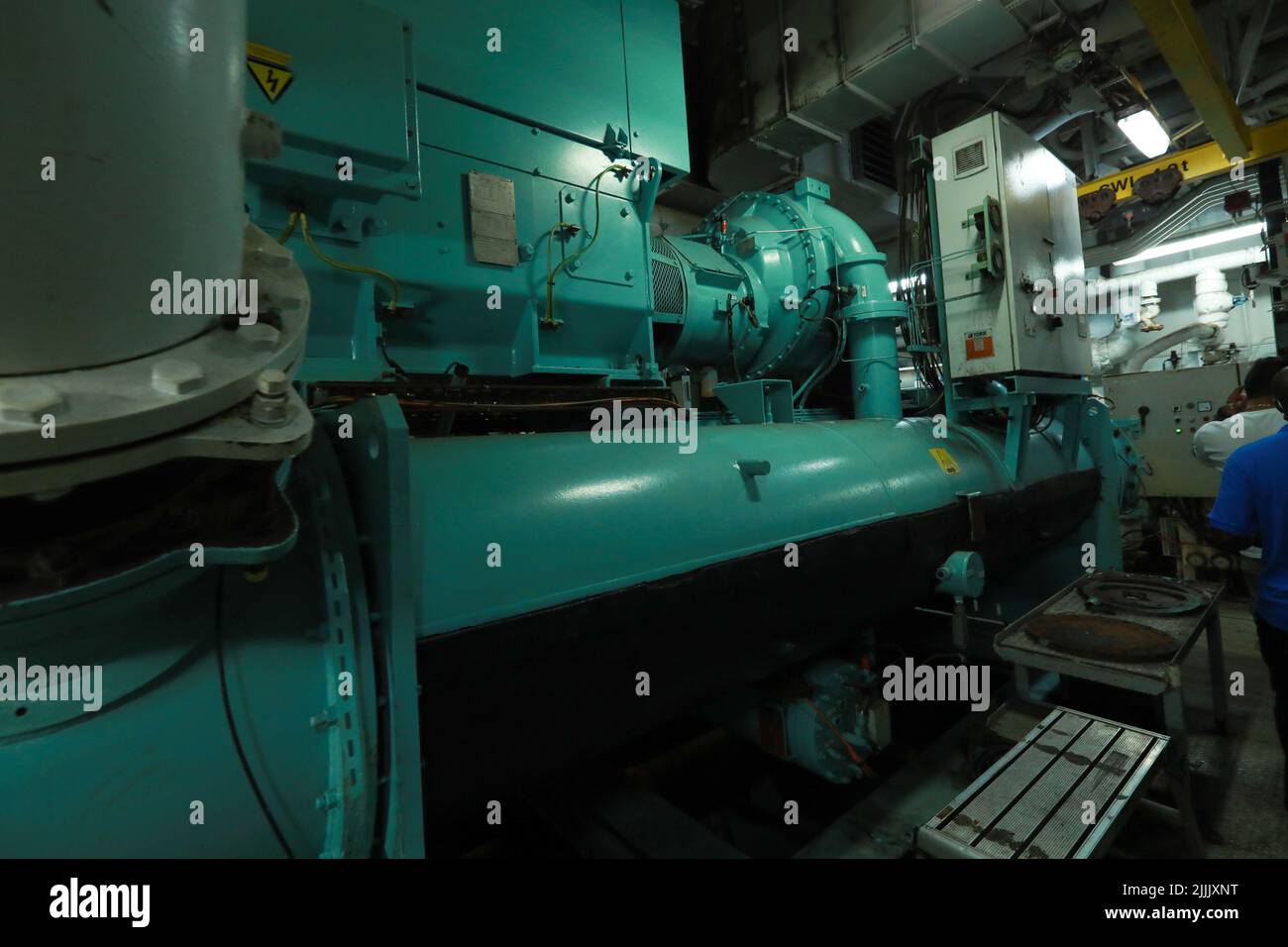 Cruise ship engine room interior with water tight doors electrical and