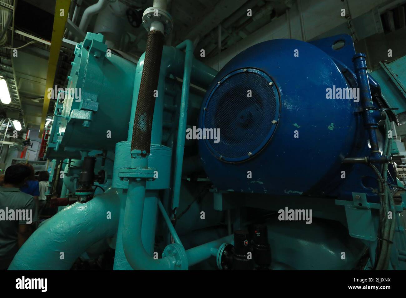 Cruise ship engine room interior with water tight doors electrical and