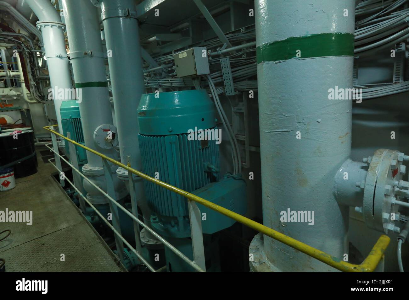 Cruise ship engine room interior with water tight doors electrical and