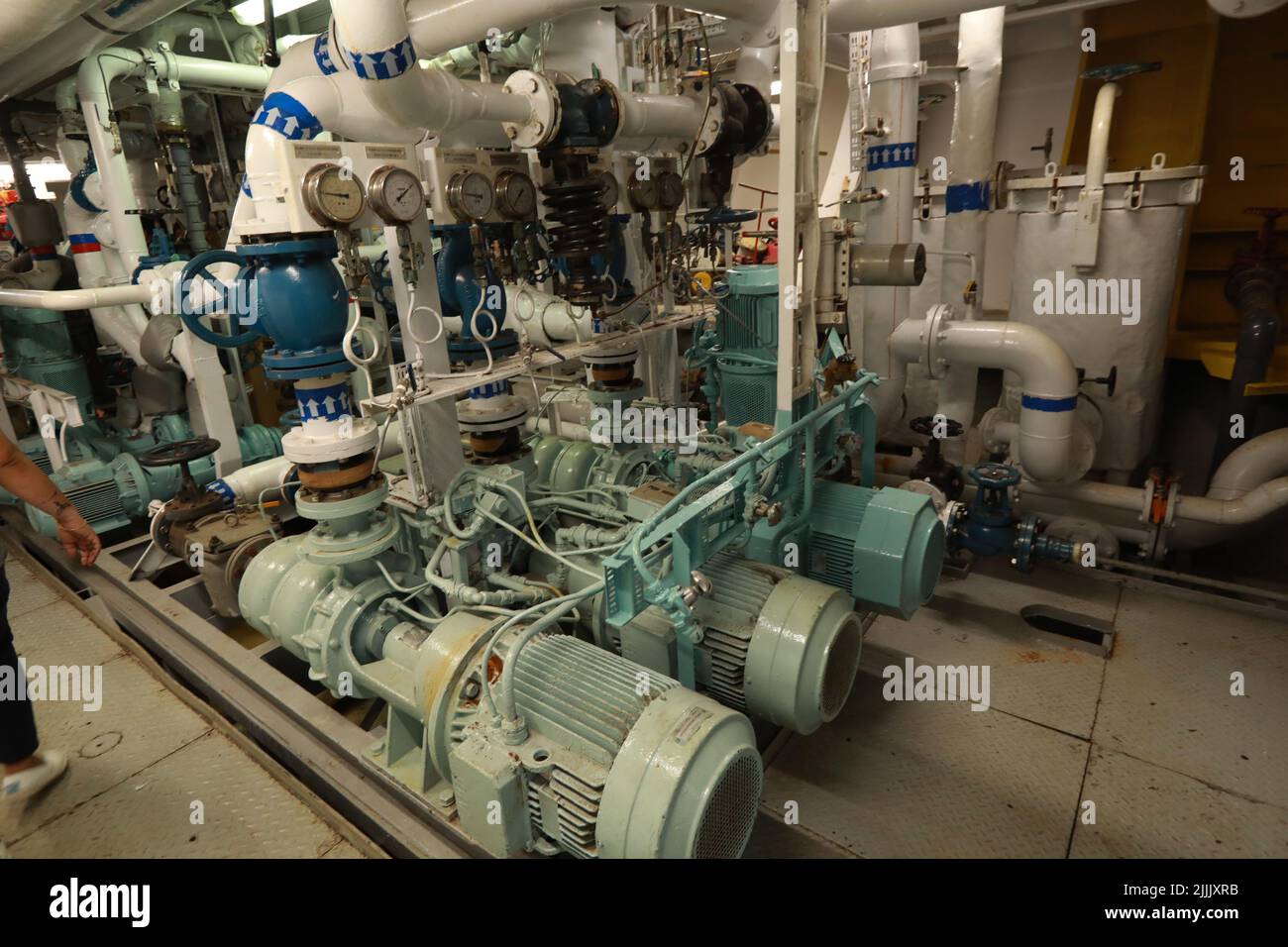 Cruise ship engine room interior with water tight doors electrical and