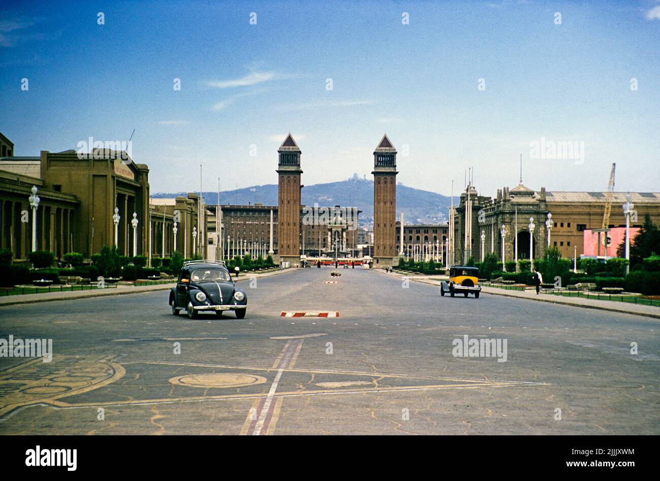 Towers of Torres Venecianes, Avenue de la Reina Maria Cristina, Barcelona, Catalonia, Spain July 1958 Stock Photo