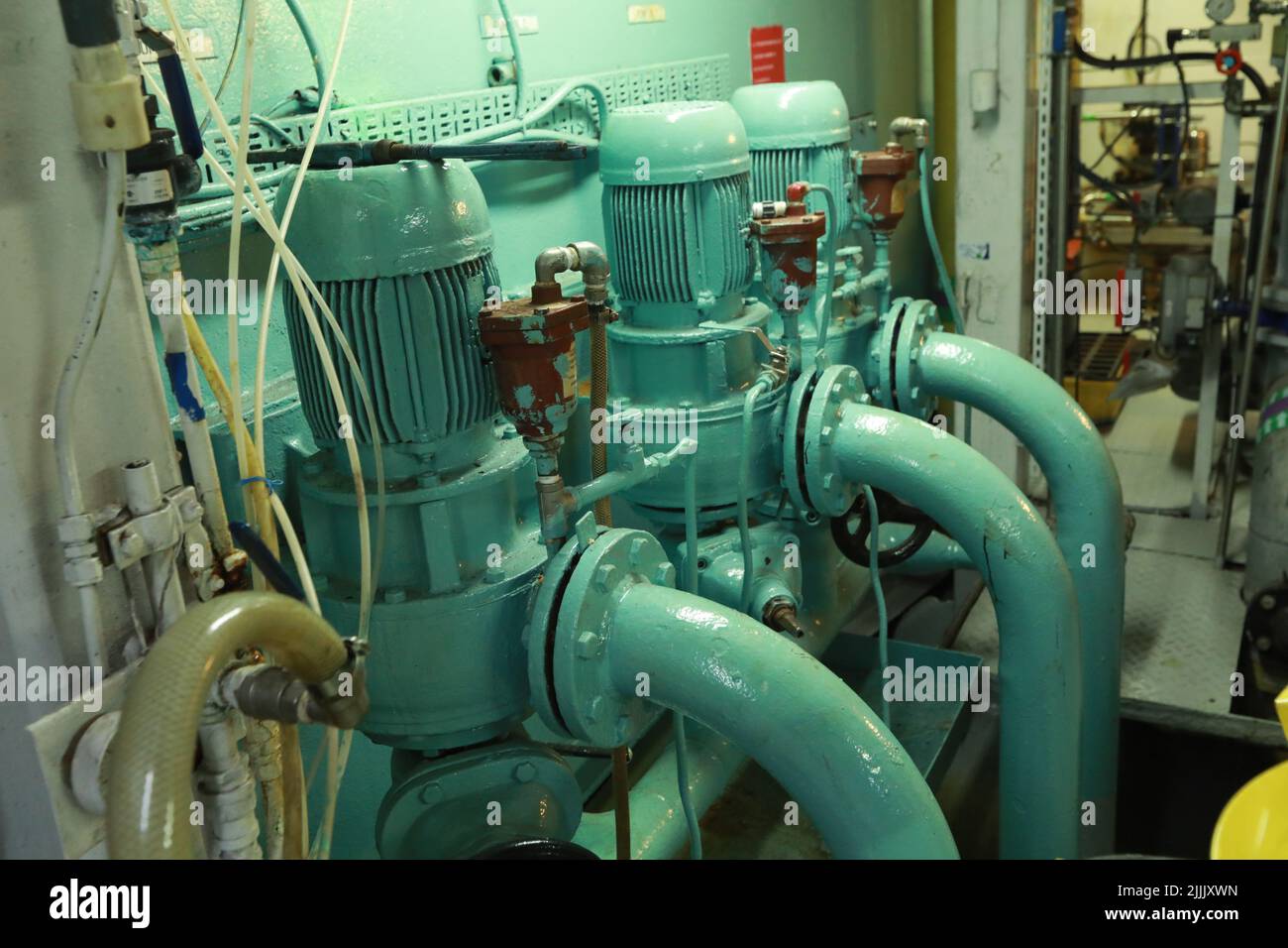 Cruise ship engine room interior with water tight doors electrical and
