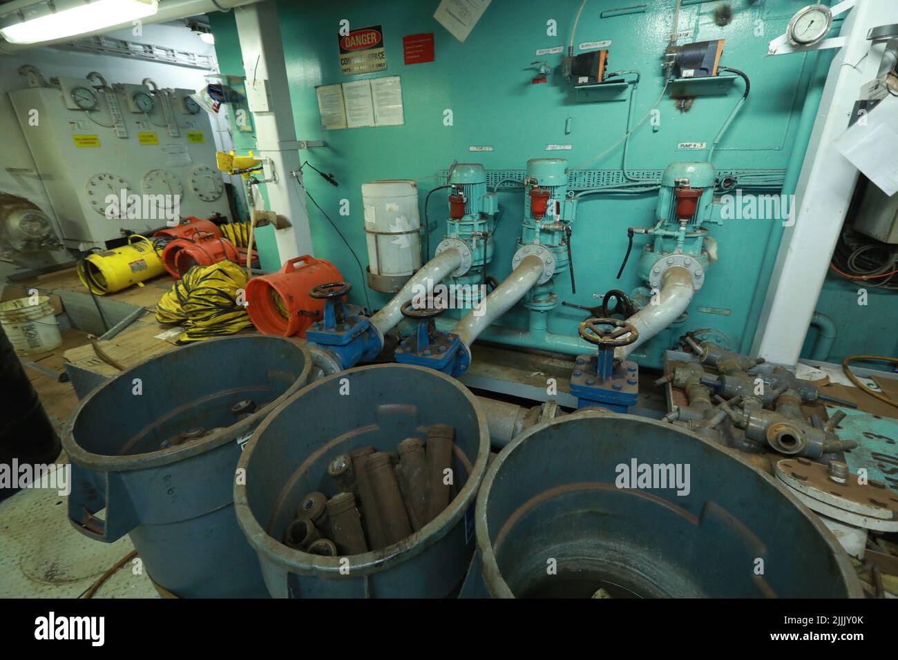 Cruise ship engine room interior with water tight doors electrical and